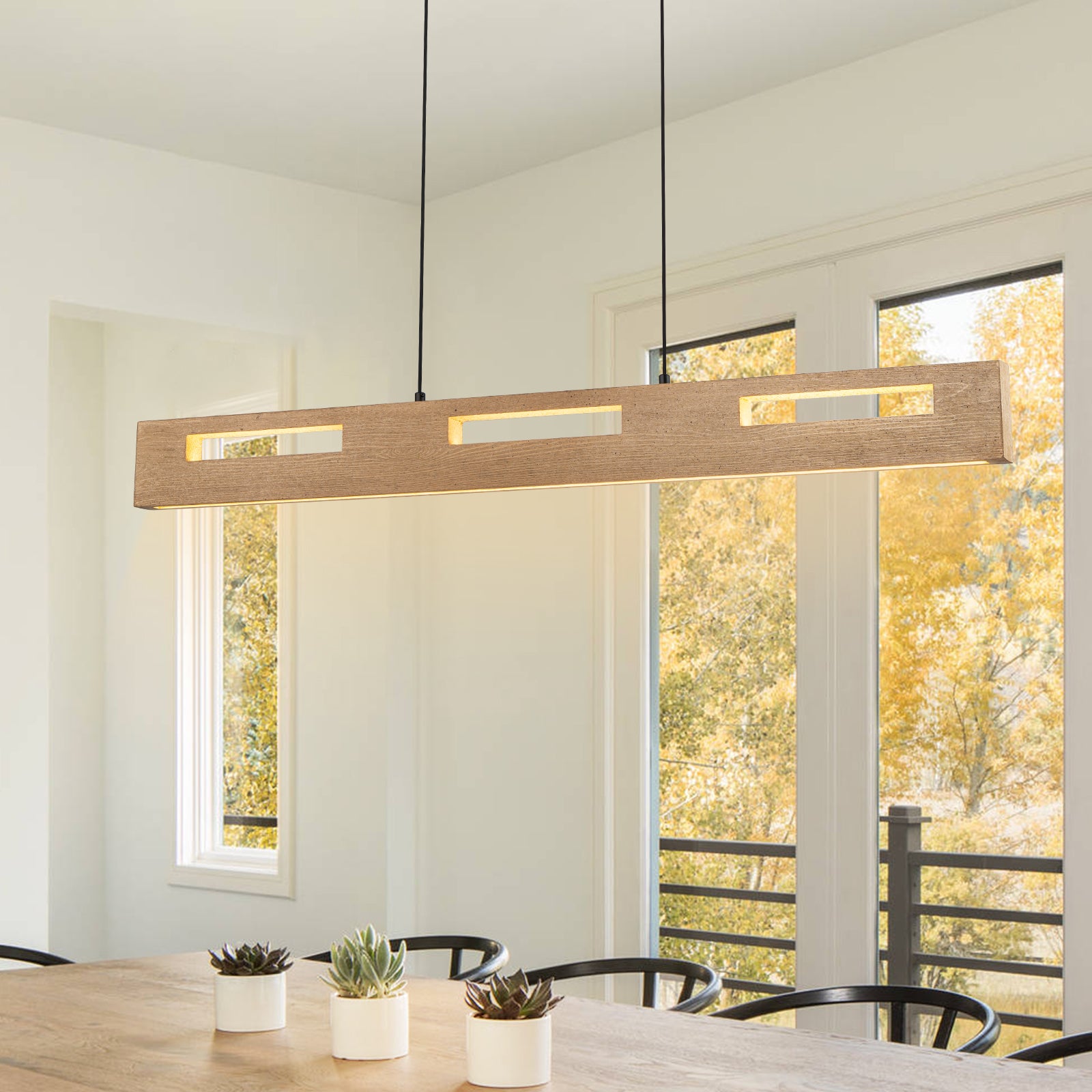 Glowlings 4-flammige, moderne, rechteckige, lineare LED-Pendelleuchte aus Kiefernholz, 104,4 cm breit