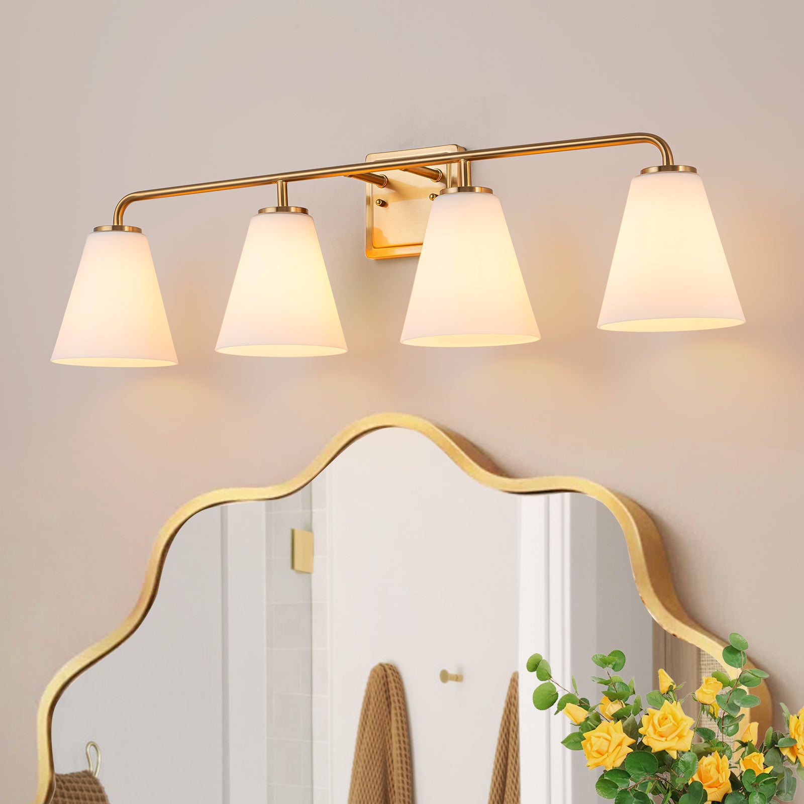 Glowlings 3/4-Light Modern Antique Brass Cone Opal Glass Bathroom Vanity Light