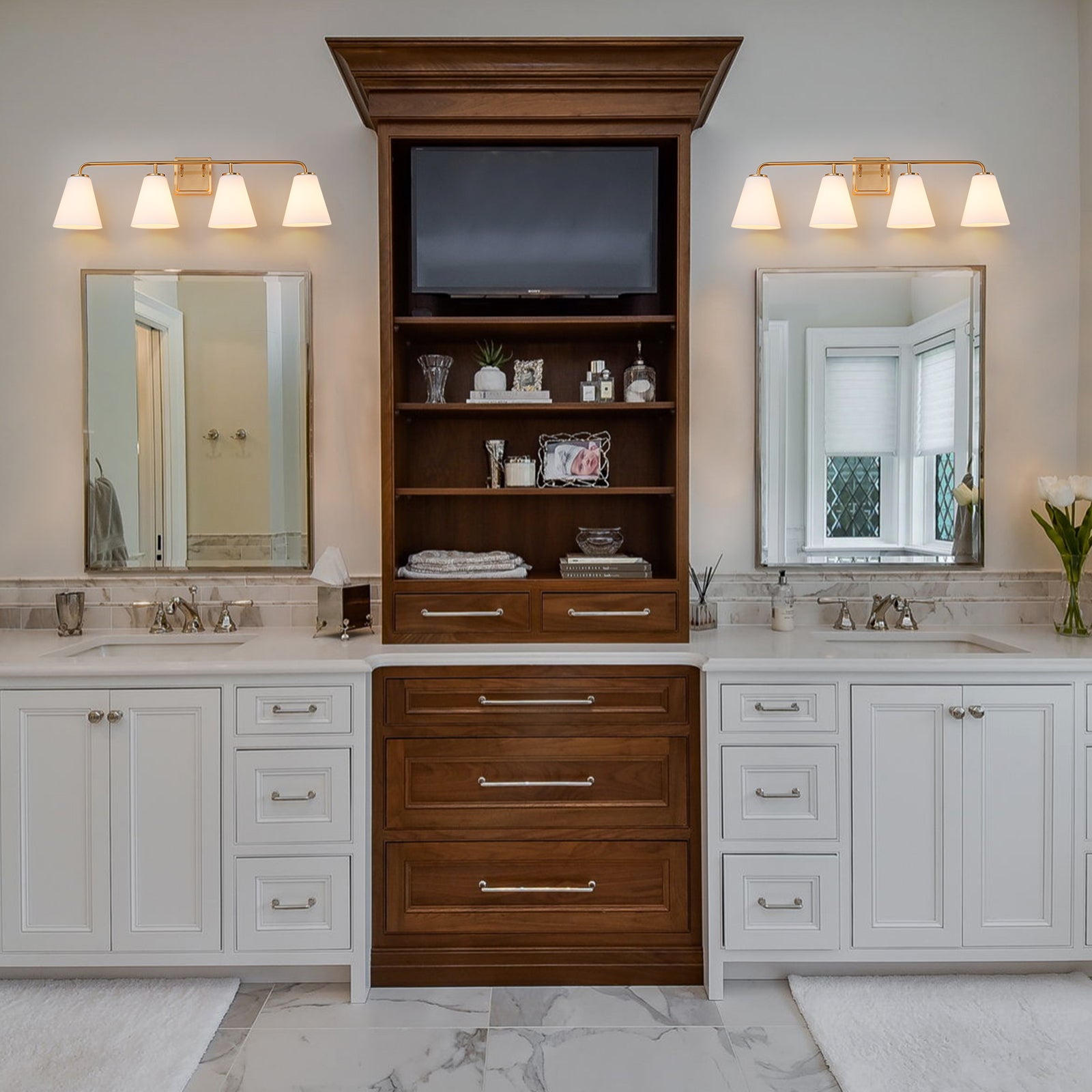 Glowlings 3/4-Light Modern Antique Brass Cone Opal Glass Bathroom Vanity Light