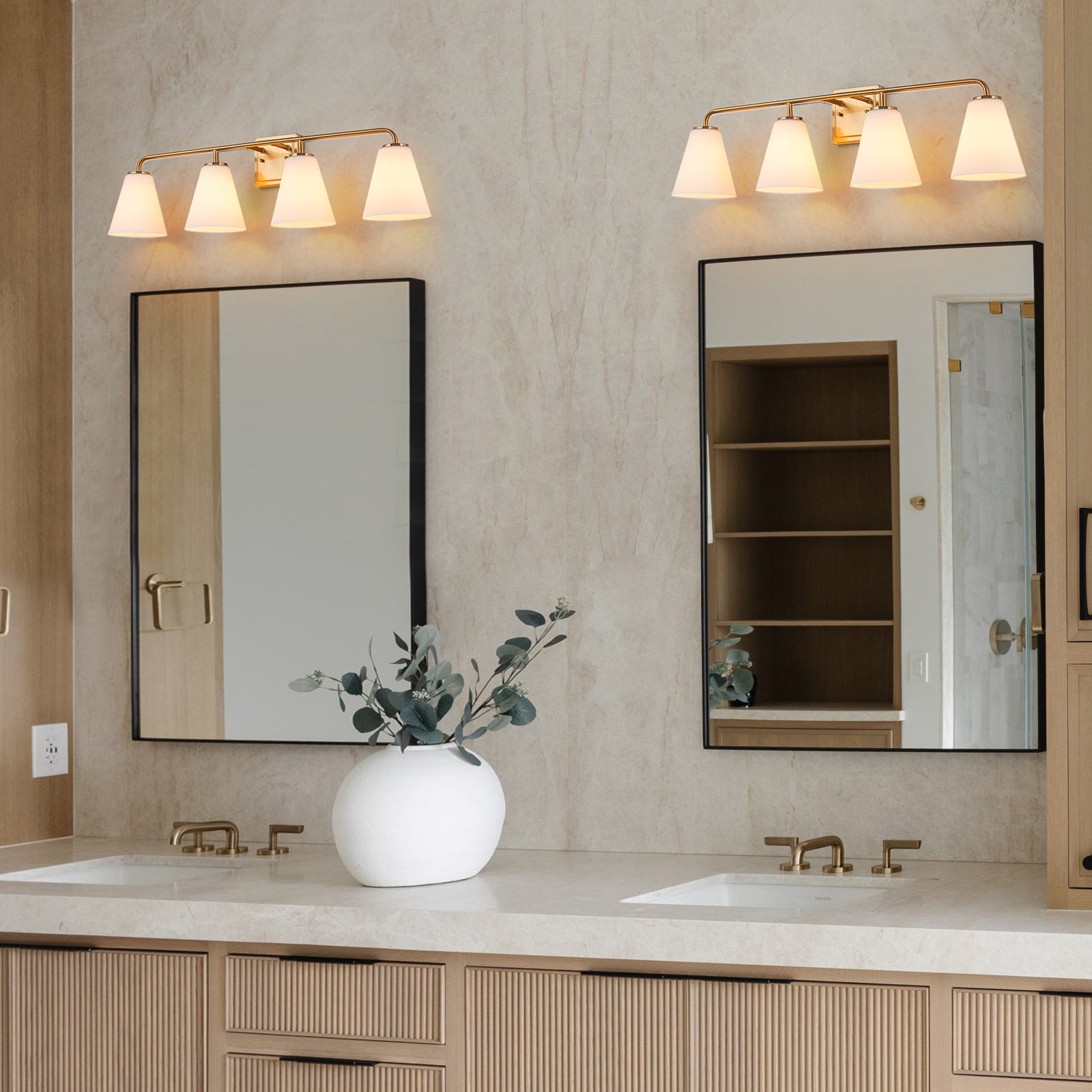 Glowlings 3/4-Light Modern Antique Brass Cone Opal Glass Bathroom Vanity Light