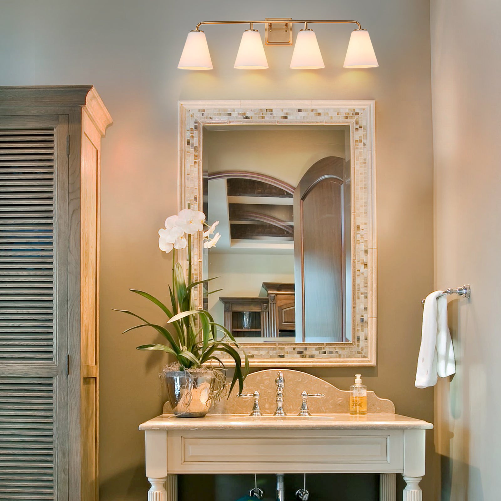 Glowlings 3/4-Light Modern Antique Brass Cone Opal Glass Bathroom Vanity Light