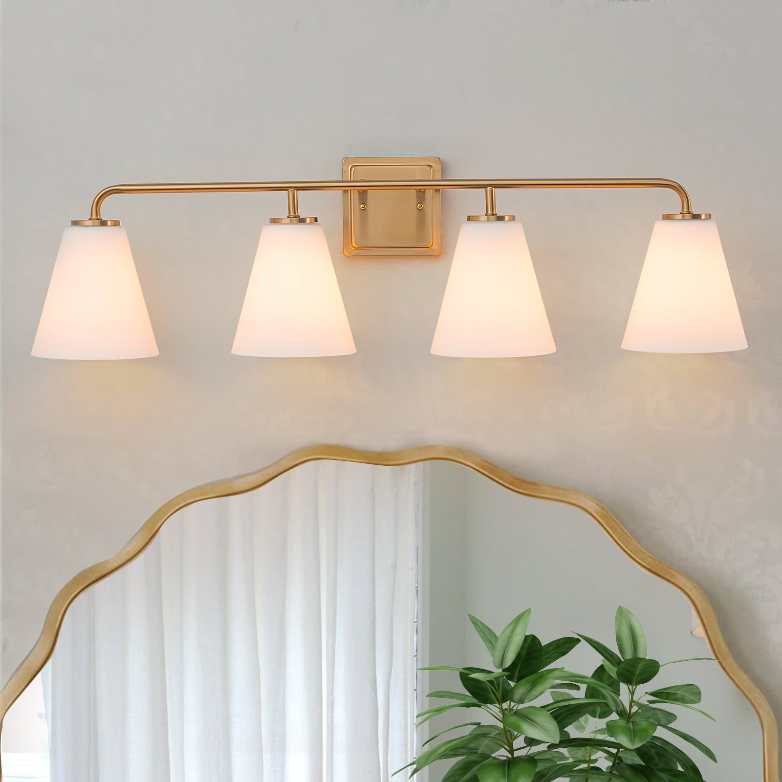 Glowlings 3/4-Light Modern Antique Brass Cone Opal Glass Bathroom Vanity Light