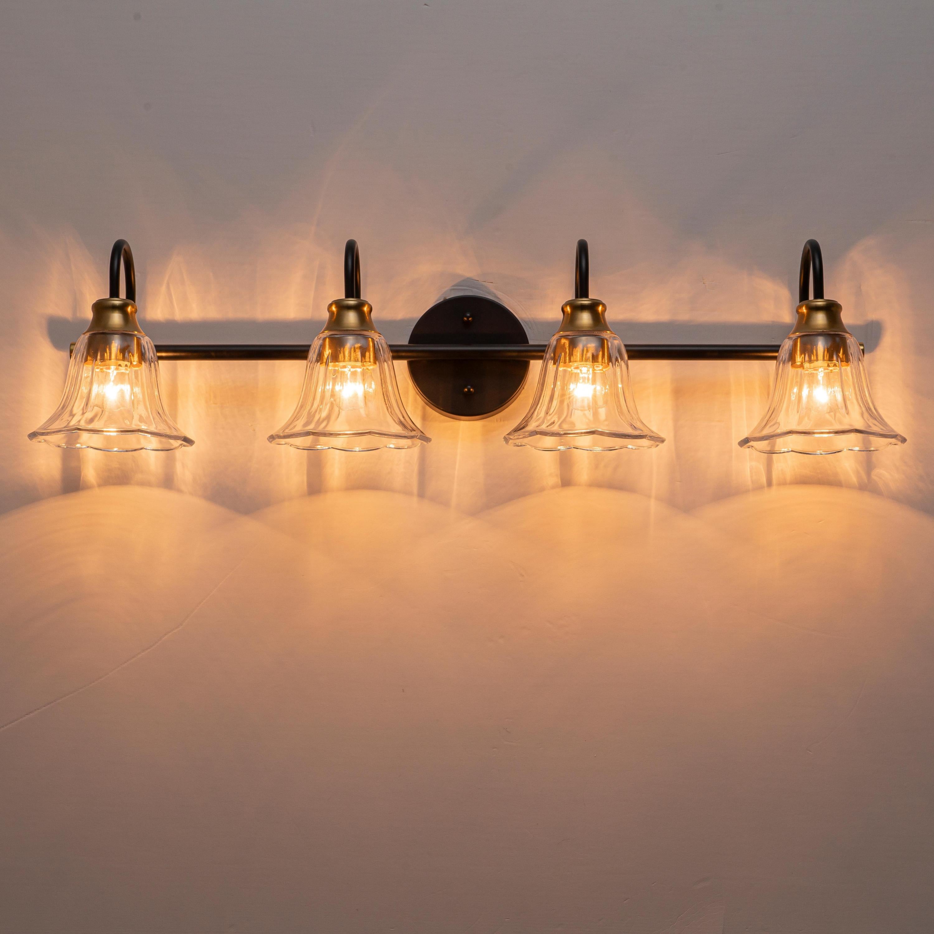 Glowlings 3/4-Light Modern Black & Gold Bathroom Vanity Light Wall Sconce with Flower Clear Glass Shades for Mirror