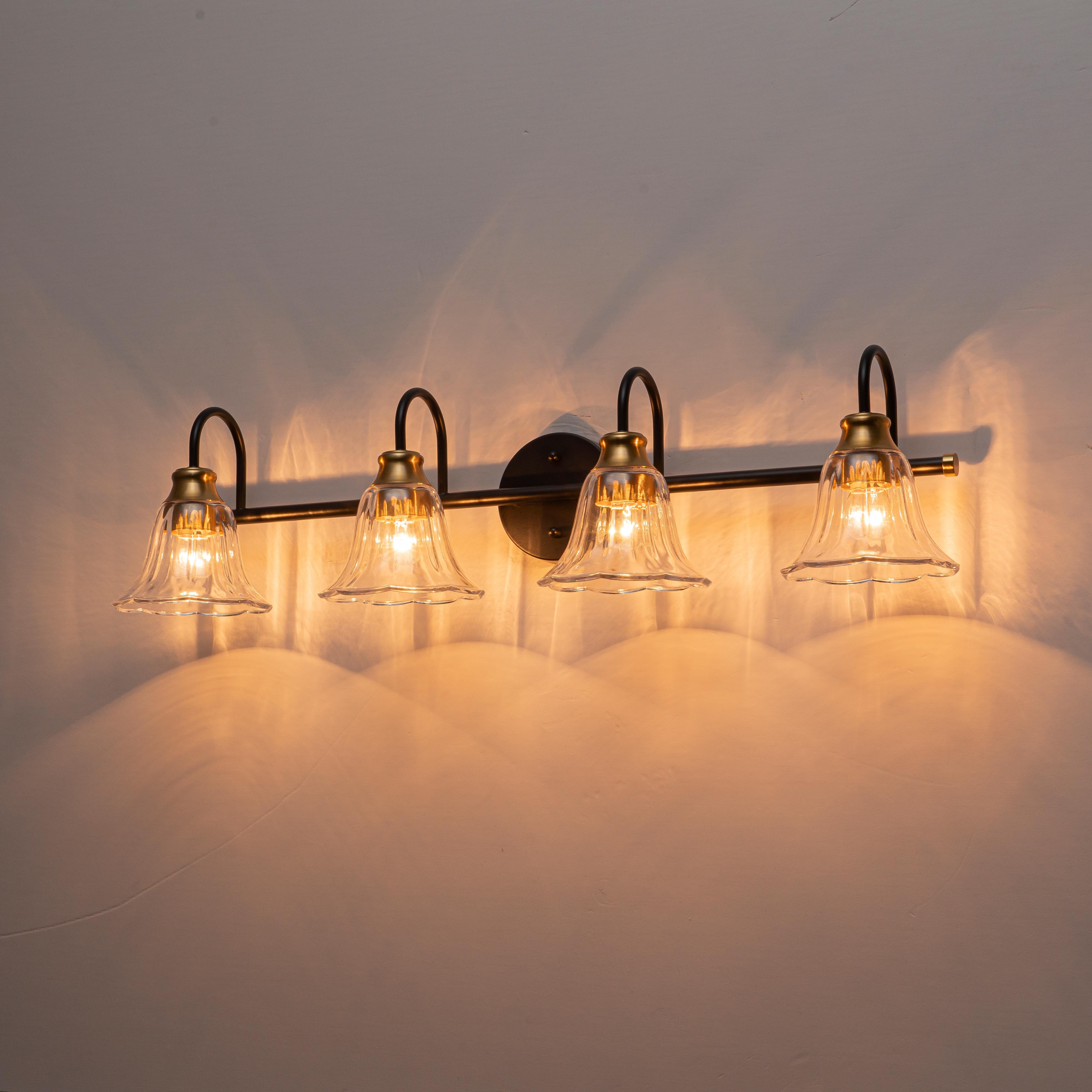 Glowlings 3/4-Light Modern Black & Gold Bathroom Vanity Light Wall Sconce with Flower Clear Glass Shades for Mirror