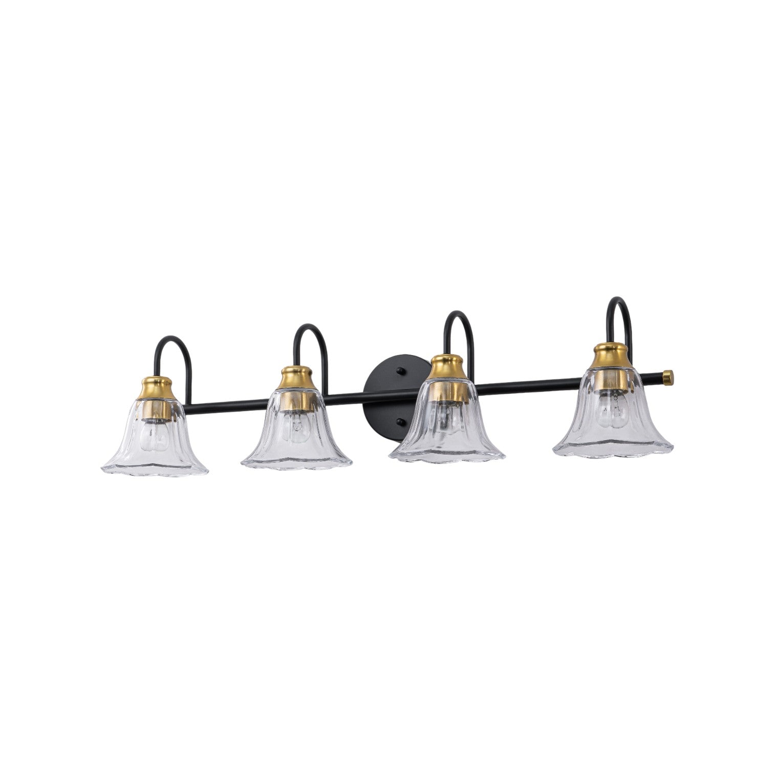 Glowlings 3/4-Light Modern Black & Gold Bathroom Vanity Light Wall Sconce with Flower Clear Glass Shades for Mirror