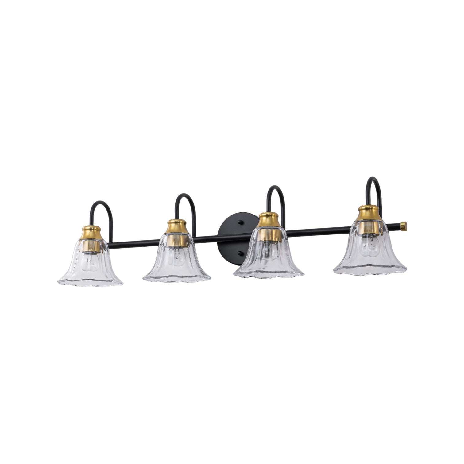 Glowlings 3/4-Light Modern Black & Gold Bathroom Vanity Light Wall Sconce with Flower Clear Glass Shades for Mirror