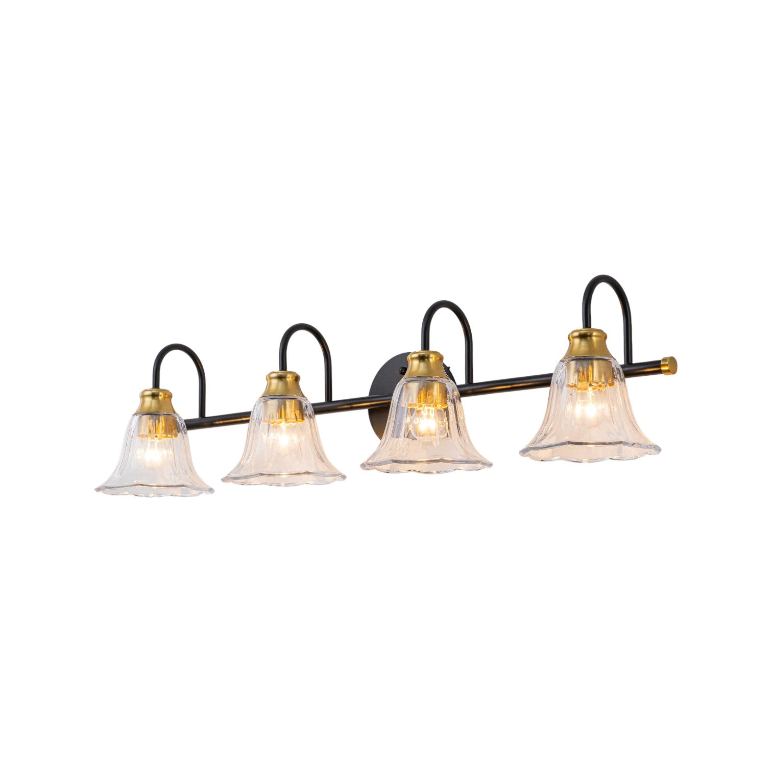 Glowlings 3/4-Light Modern Black & Gold Bathroom Vanity Light Wall Sconce with Flower Clear Glass Shades for Mirror