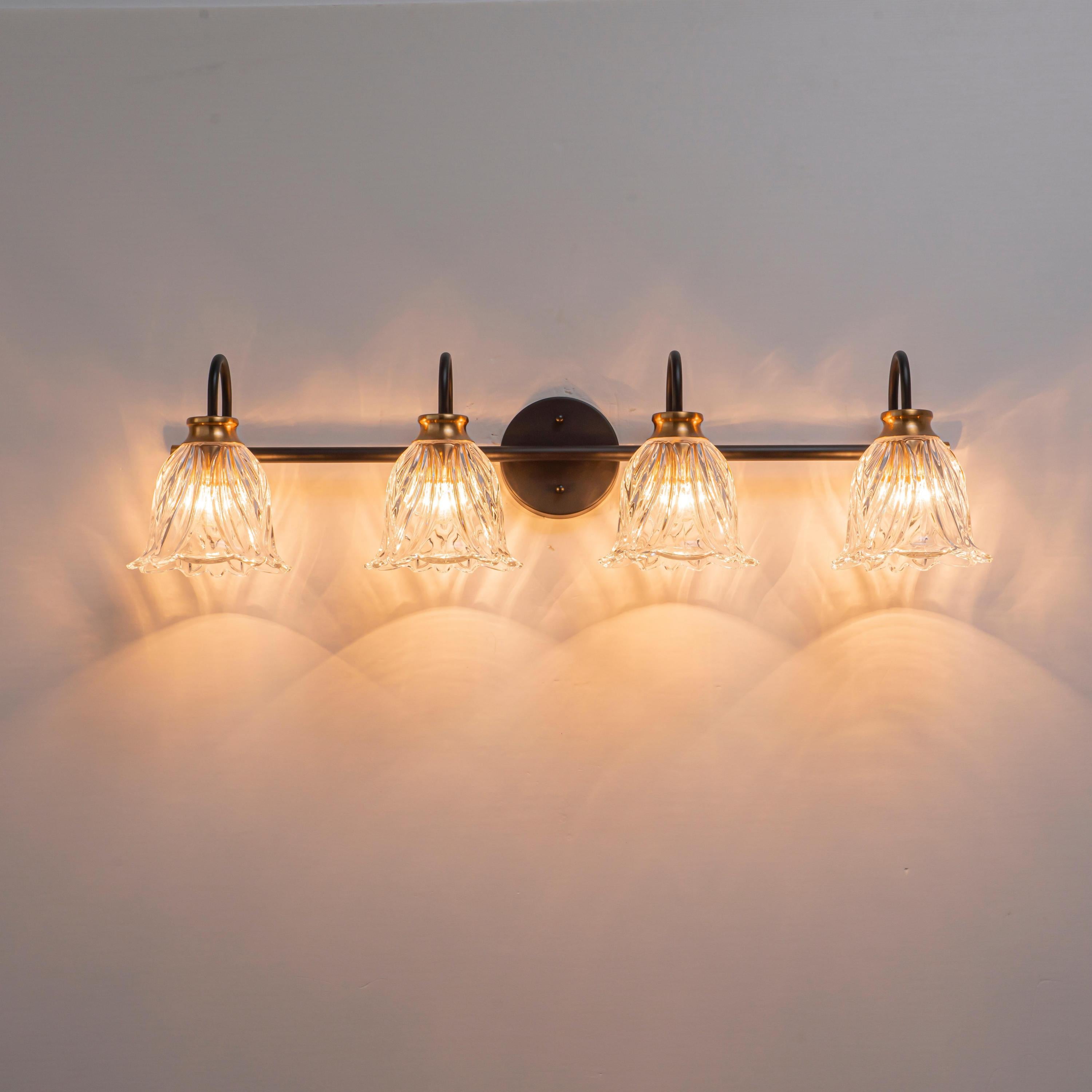 Glowlings 3/4-Light Modern Black & Gold Bathroom Vanity Light Wall Sconce with Flower Clear Glass Shades for Mirror