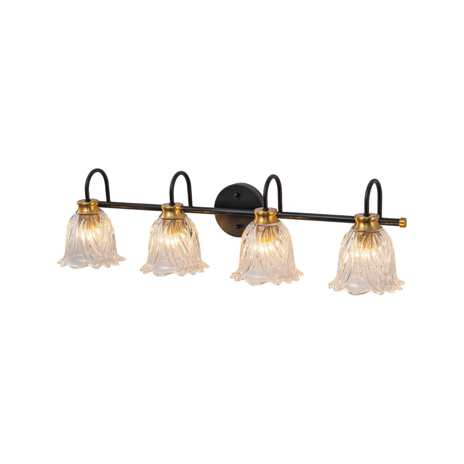 Glowlings 3/4-Light Modern Black & Gold Bathroom Vanity Light Wall Sconce with Flower Clear Glass Shades for Mirror