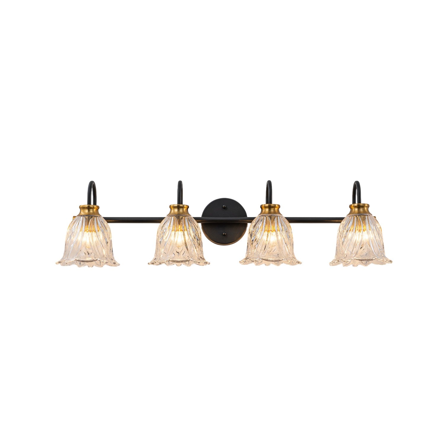 Glowlings 3/4-Light Modern Black & Gold Bathroom Vanity Light Wall Sconce with Flower Clear Glass Shades for Mirror