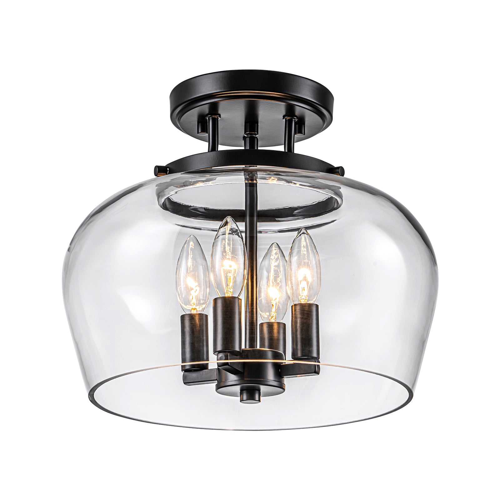 Glowlings 4-flammige moderne schwarze Laterne, Klarglas, halbbündige Deckenleuchte