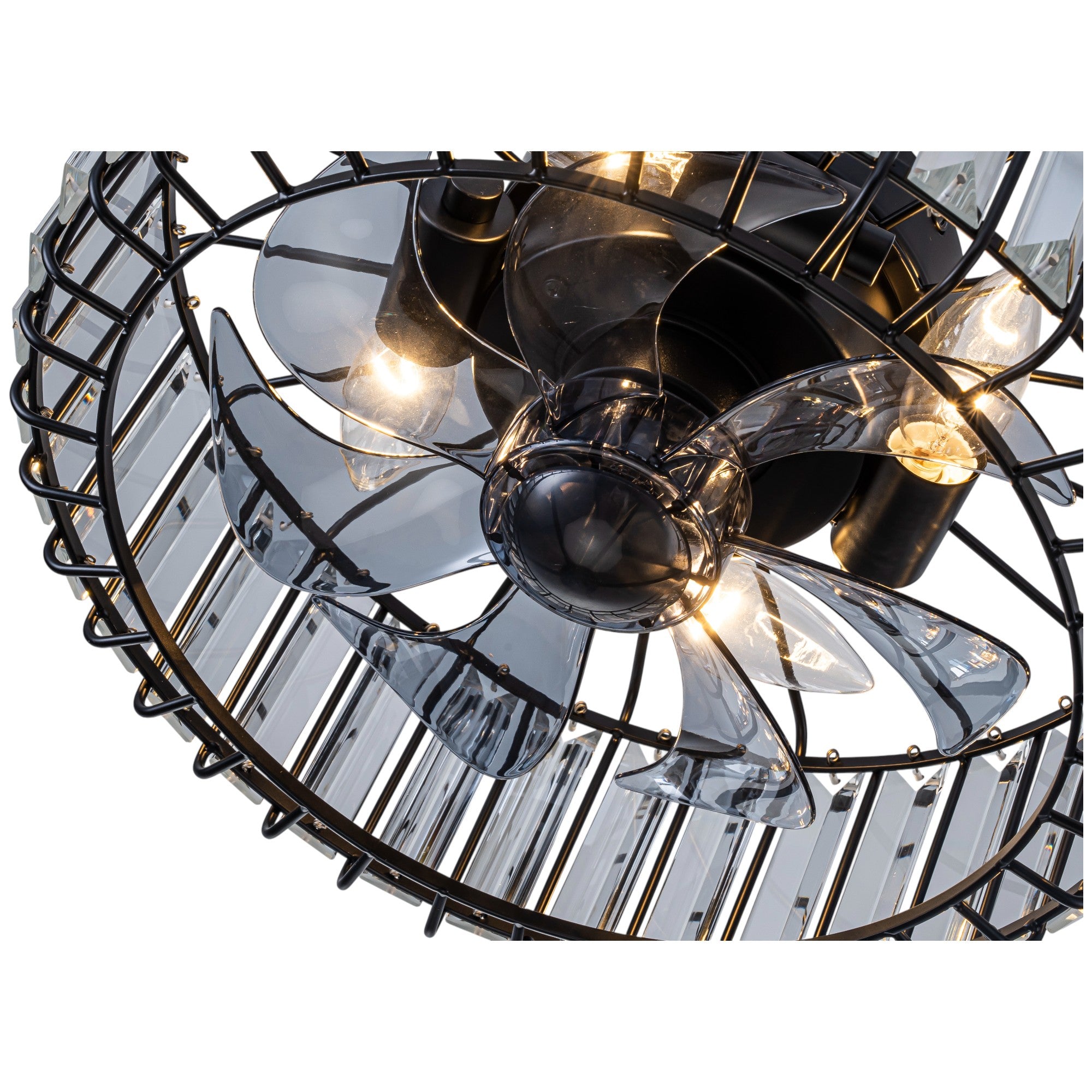 Glowlings 4-Light Modern Black Metal Cage Design Crystal Flush Mount Ceiling Fan with Light