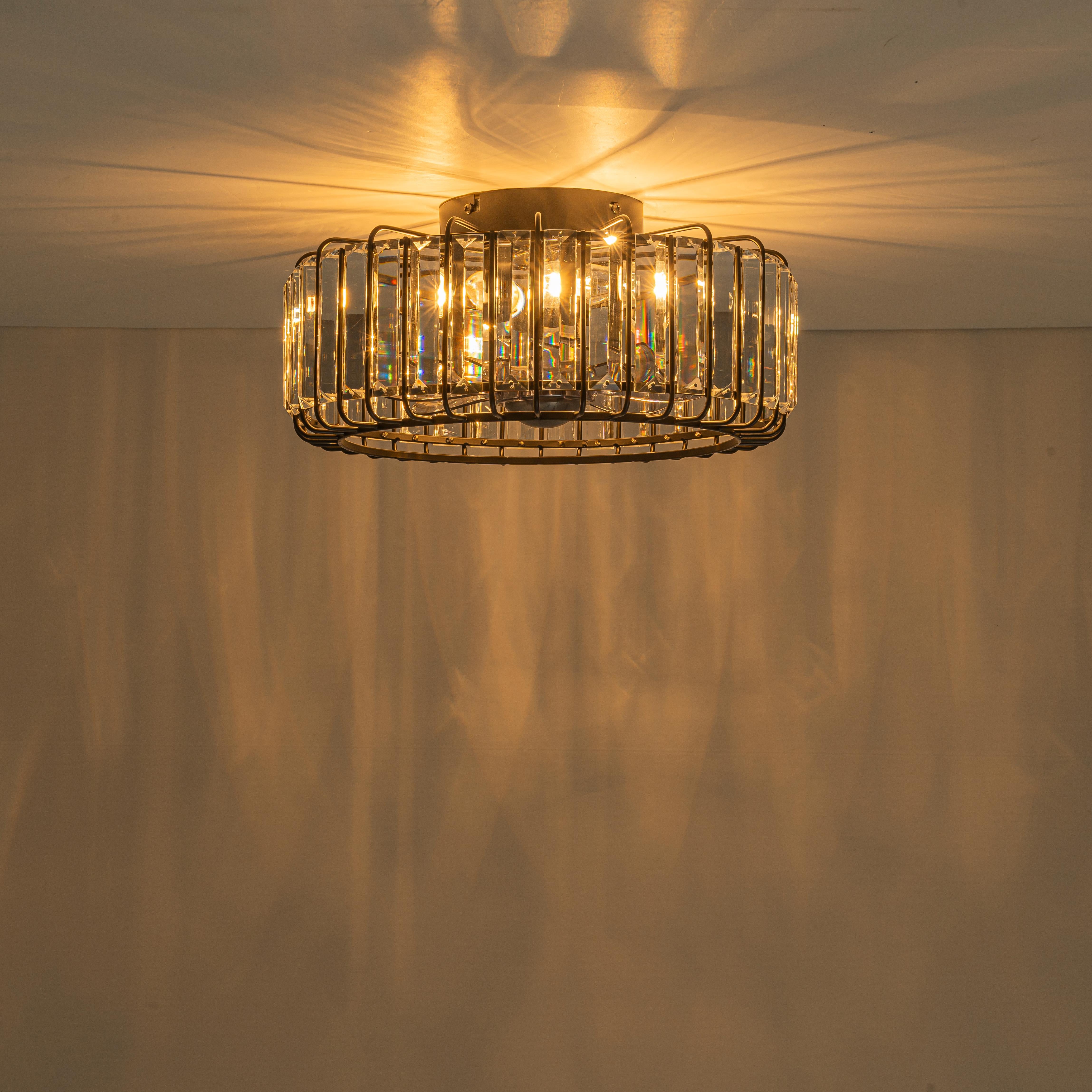 Glowlings 4-Light Modern Black Metal Cage Design Crystal Flush Mount Ceiling Fan with Light