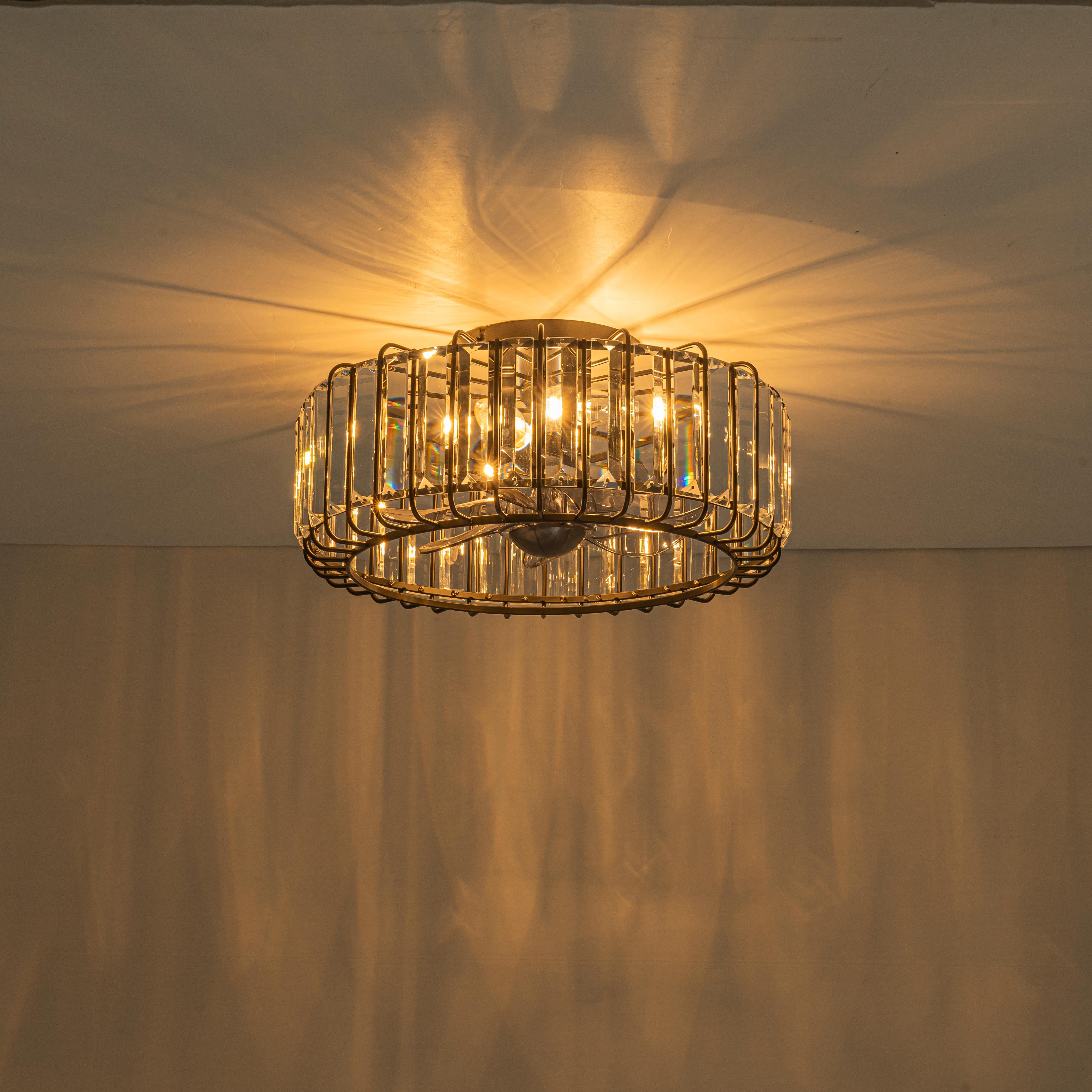 Glowlings 4-Light Modern Black Metal Cage Design Crystal Flush Mount Ceiling Fan with Light