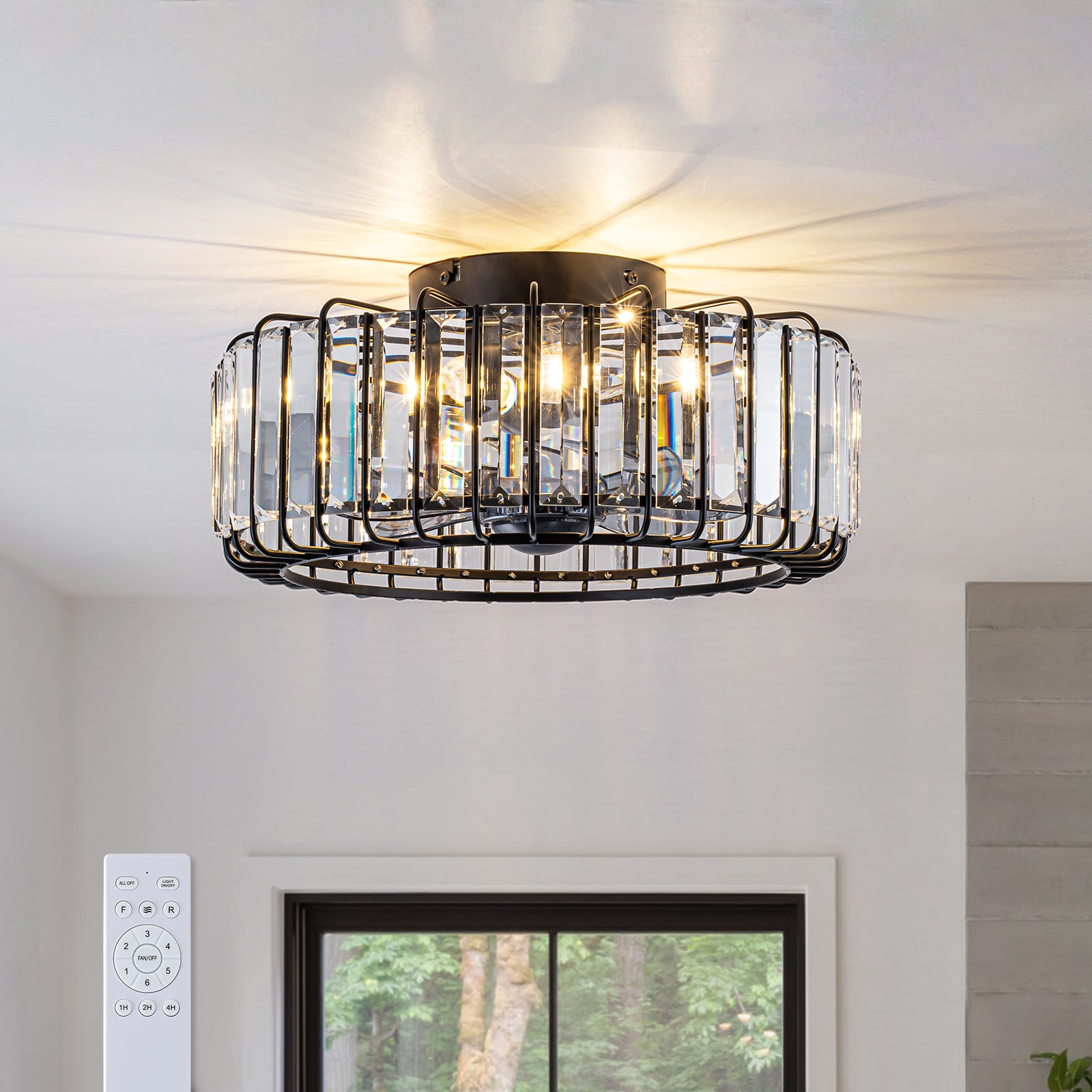 Glowlings 4-Light Modern Black Metal Cage Design Crystal Flush Mount Ceiling Fan with Light