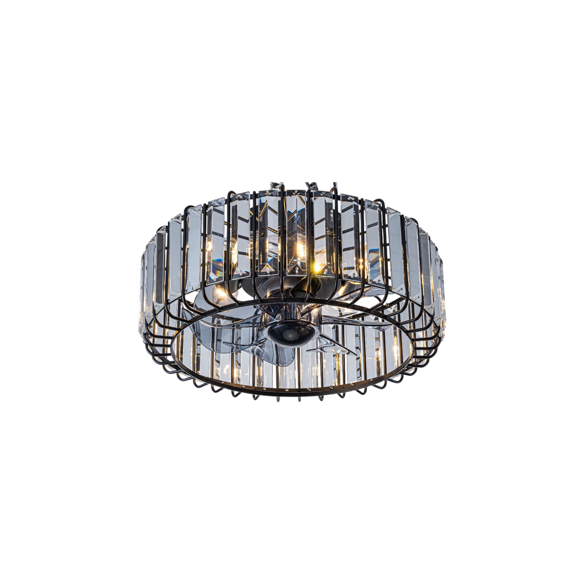 Glowlings 4-Light Modern Black Metal Cage Design Crystal Flush Mount Ceiling Fan with Light