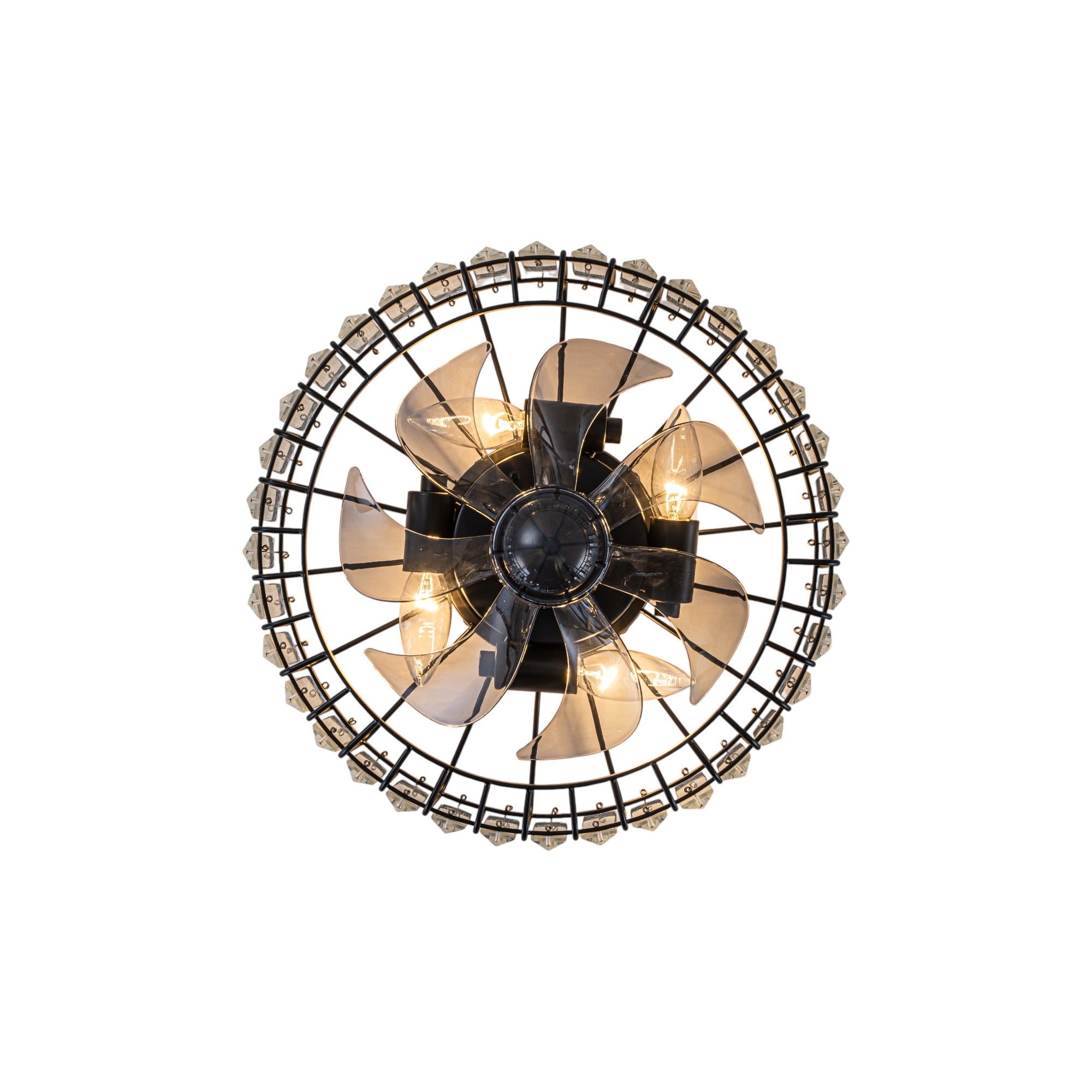 Glowlings 4-Light Modern Black Metal Cage Design Crystal Flush Mount Ceiling Fan with Light
