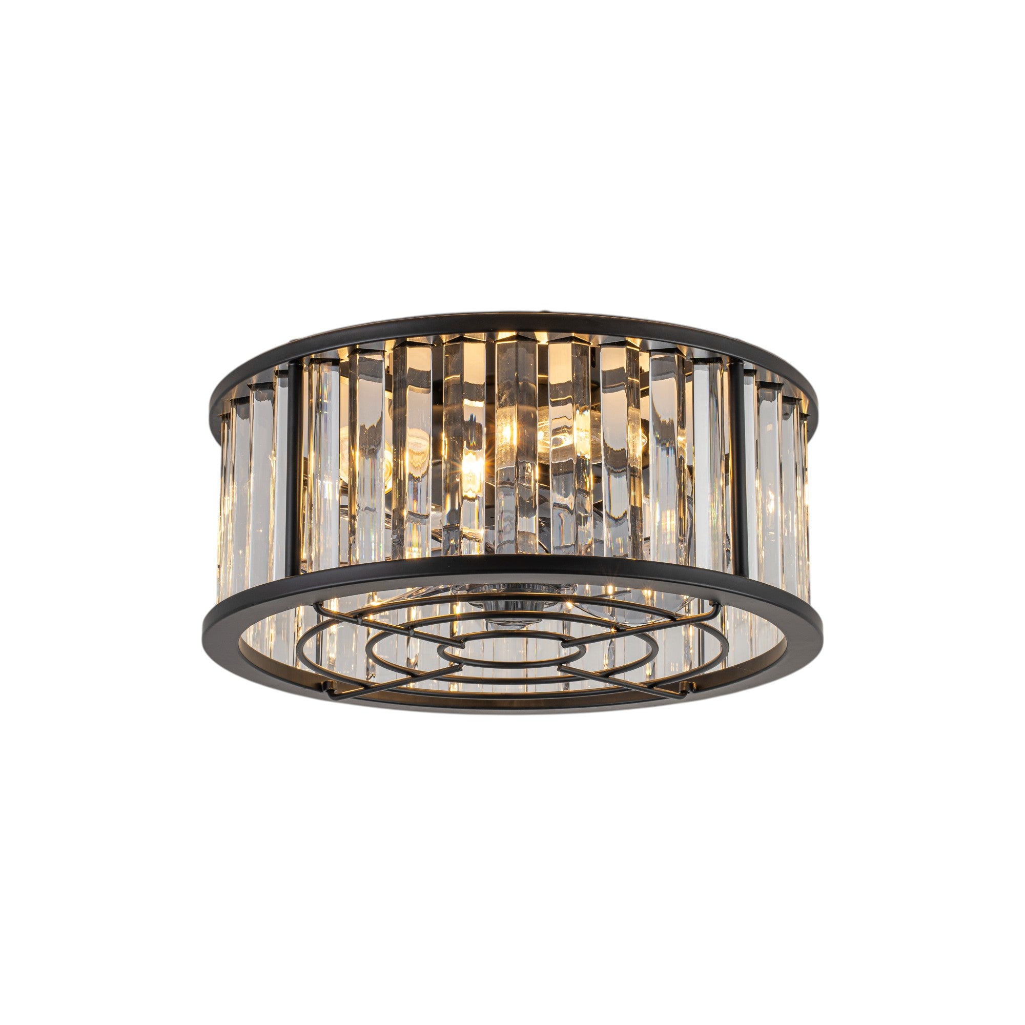 Glowlings 4-Light Modern Black Metal Cage Design Crystal Flush Mount Ceiling Fan with Light