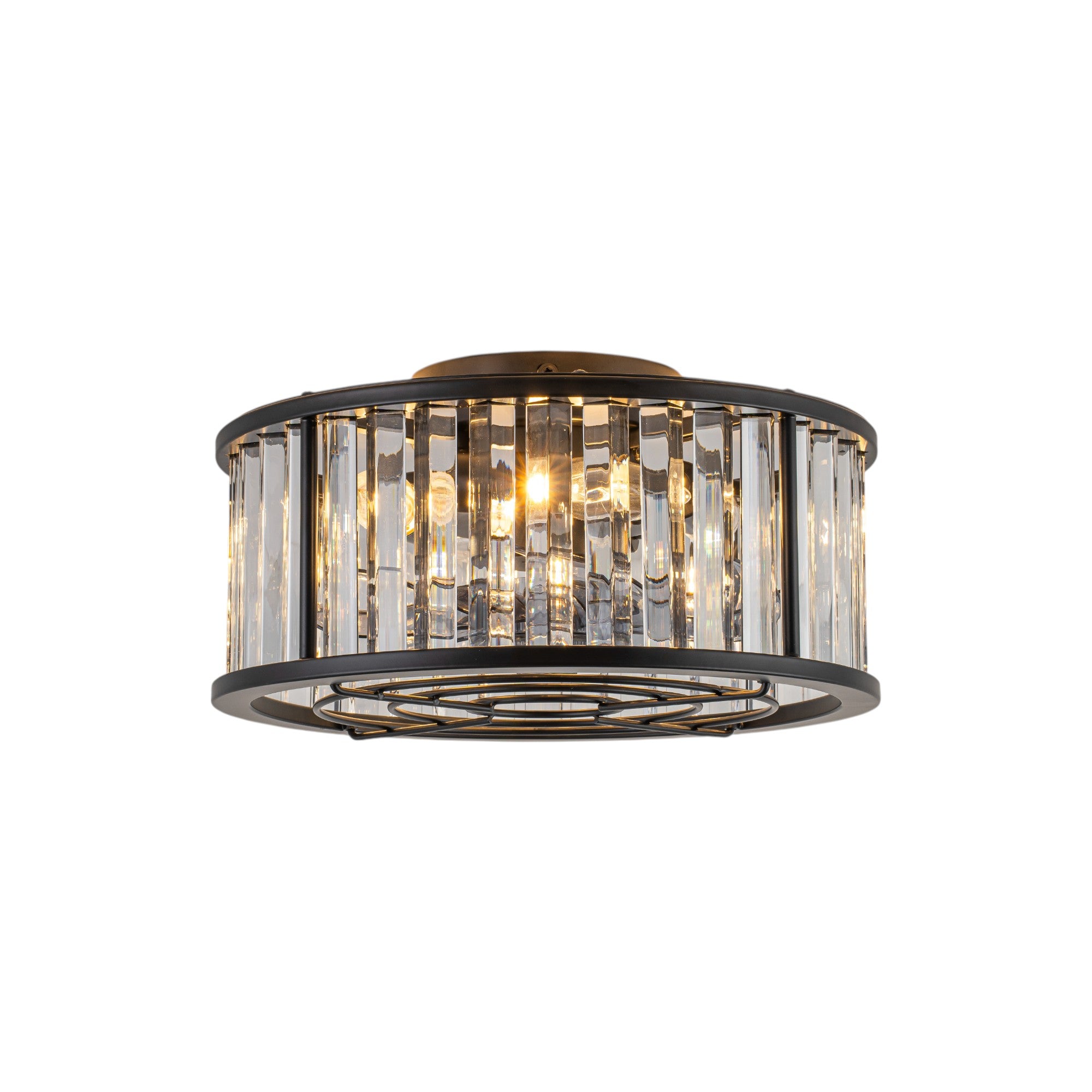 Glowlings 4-Light Modern Black Metal Cage Design Crystal Flush Mount Ceiling Fan with Light