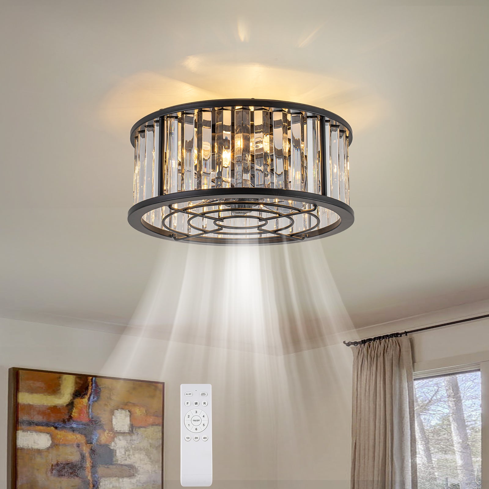 Glowlings 4-Light Modern Black Metal Cage Design Crystal Flush Mount Ceiling Fan with Light