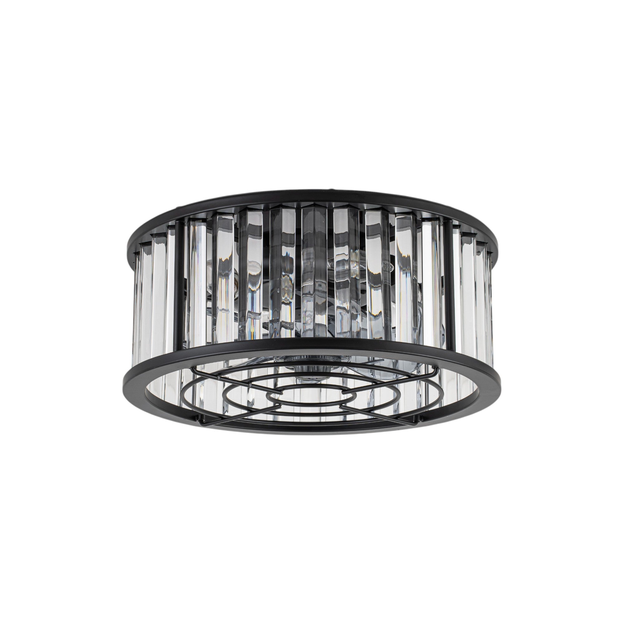 Glowlings 4-Light Modern Black Metal Cage Design Crystal Flush Mount Ceiling Fan with Light