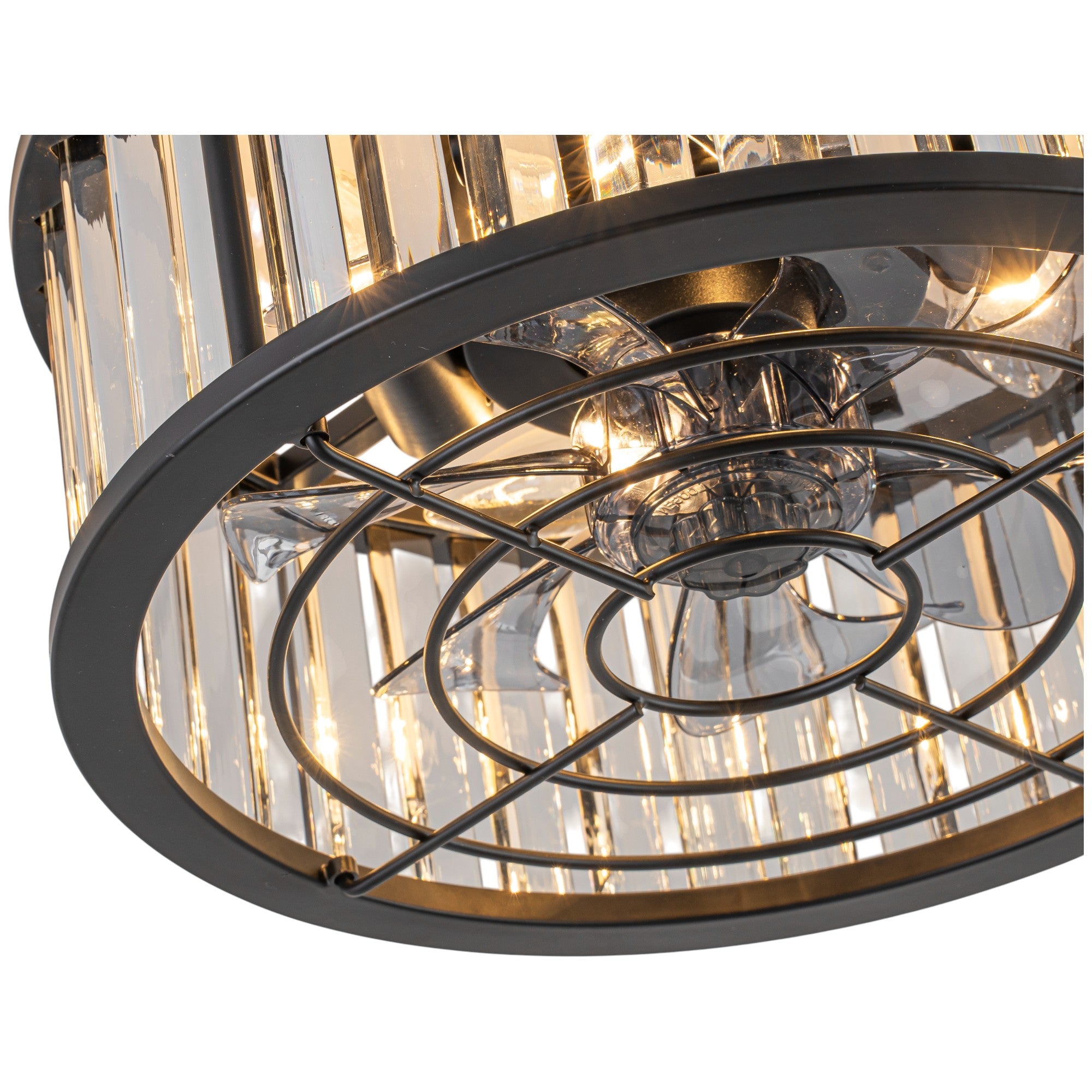 Glowlings 4-Light Modern Black Metal Cage Design Crystal Flush Mount Ceiling Fan with Light