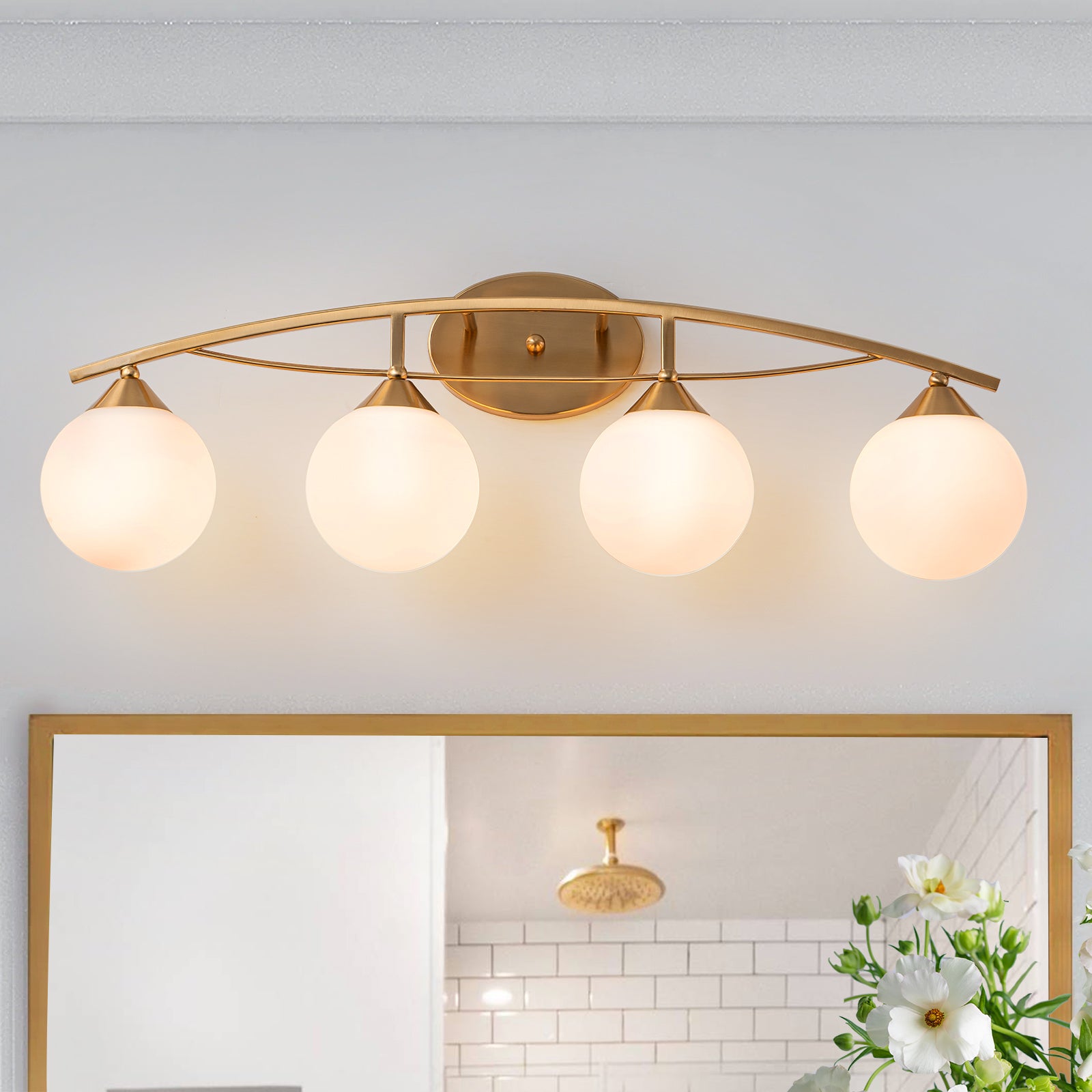 Glowlings 3/4-Light Modern Brass Curve Opal Glass Bathroom Vanity Light