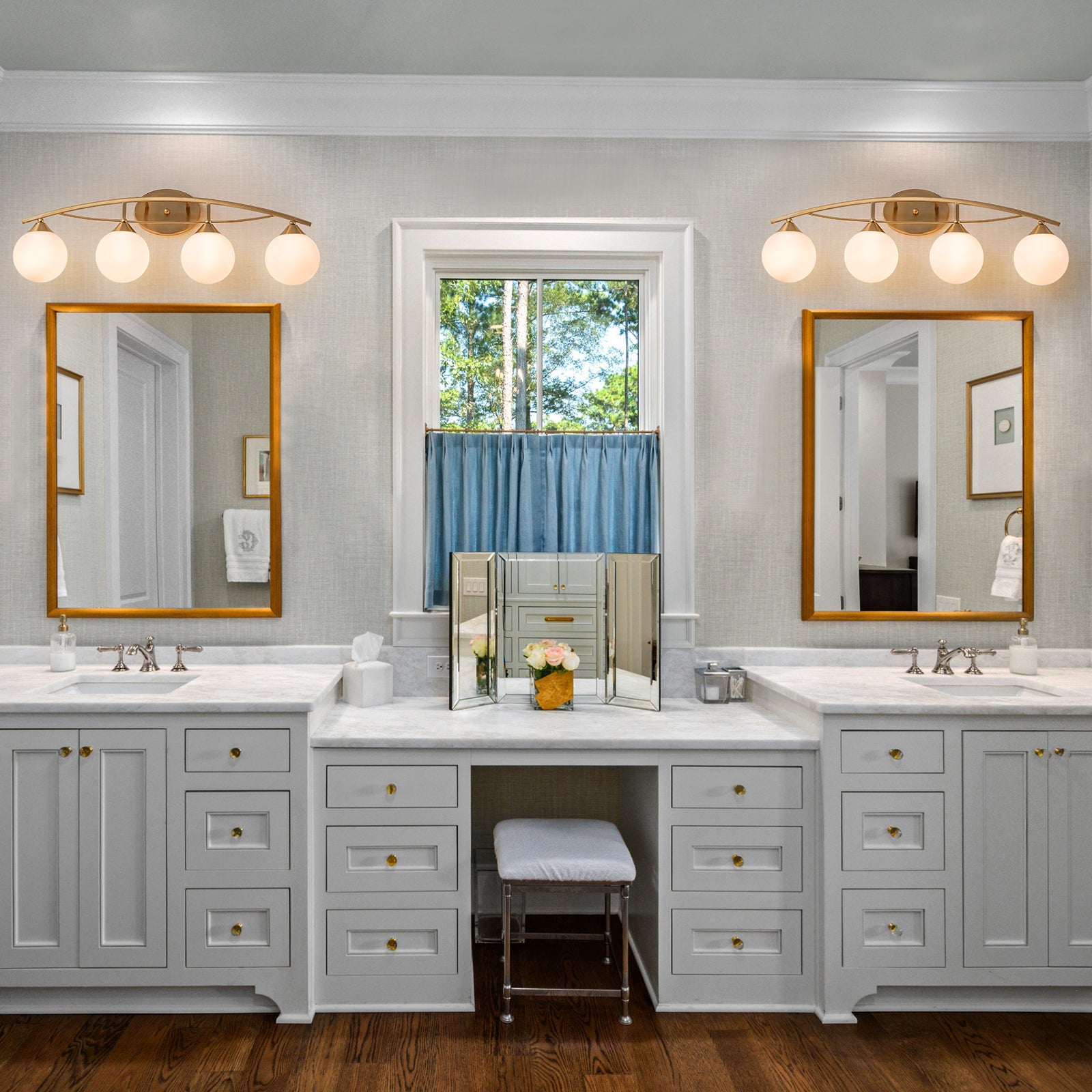 Glowlings 3/4-Light Modern Brass Curve Opal Glass Bathroom Vanity Light