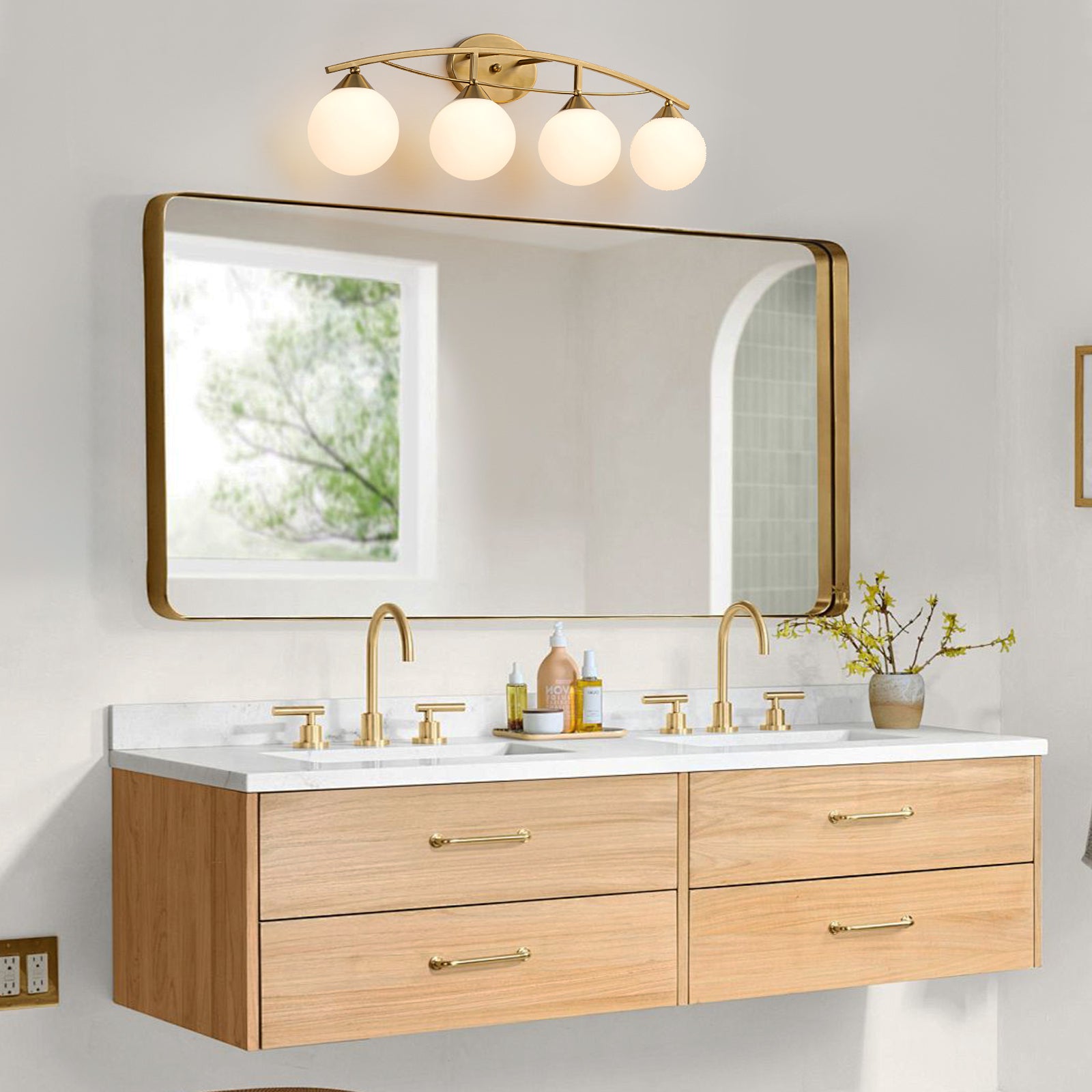 Glowlings 3/4-Light Modern Brass Curve Opal Glass Bathroom Vanity Light