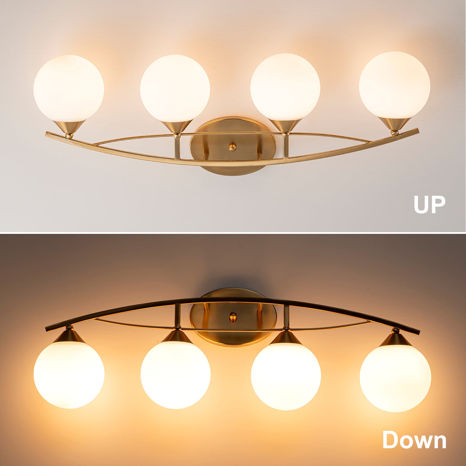 Glowlings 3/4-Light Modern Brass Curve Opal Glass Bathroom Vanity Light
