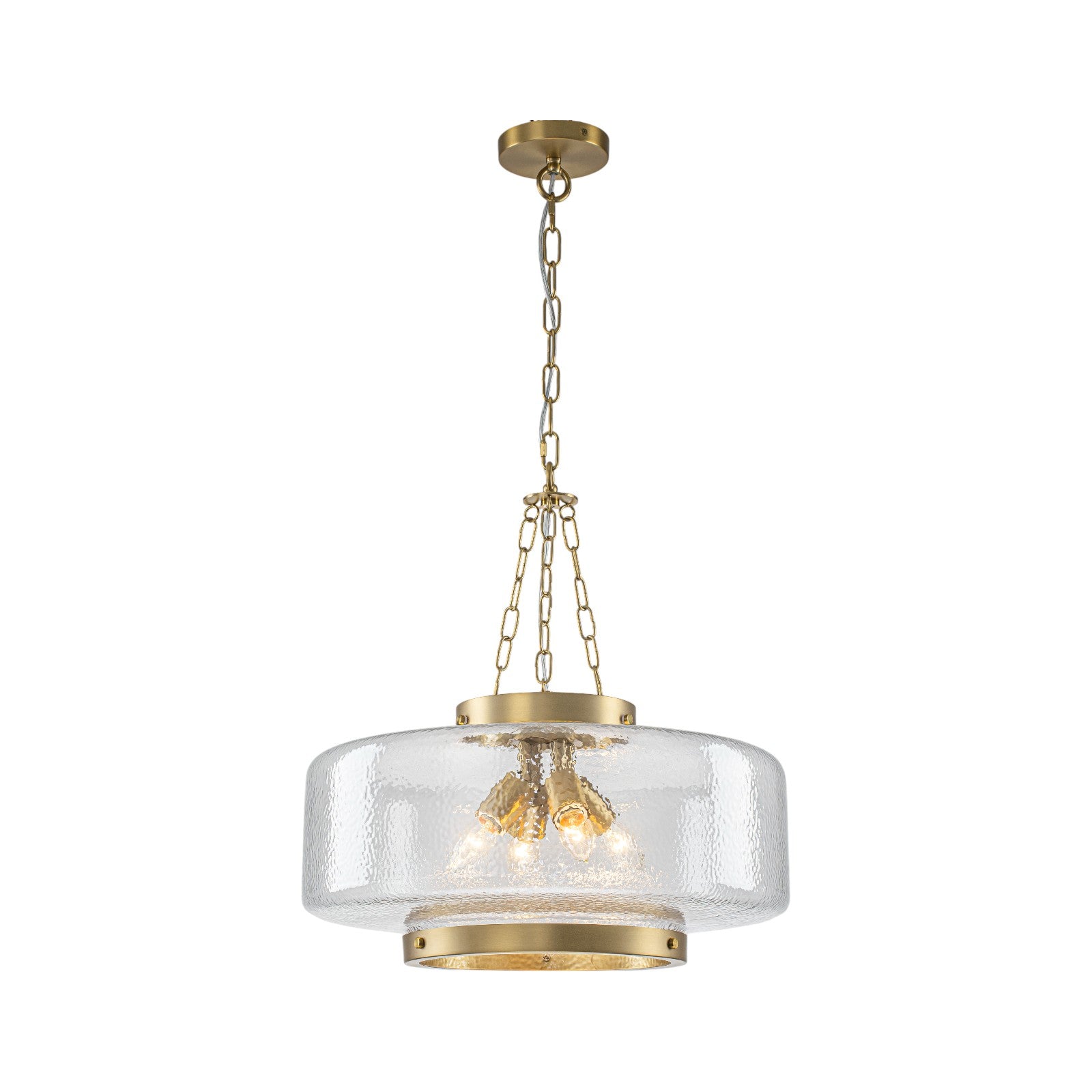 Glowlings 4-Light Modern 20"Wide Brass Glass Drum Chandelier,Textured Clear Water Ripple Glass Pendant Light