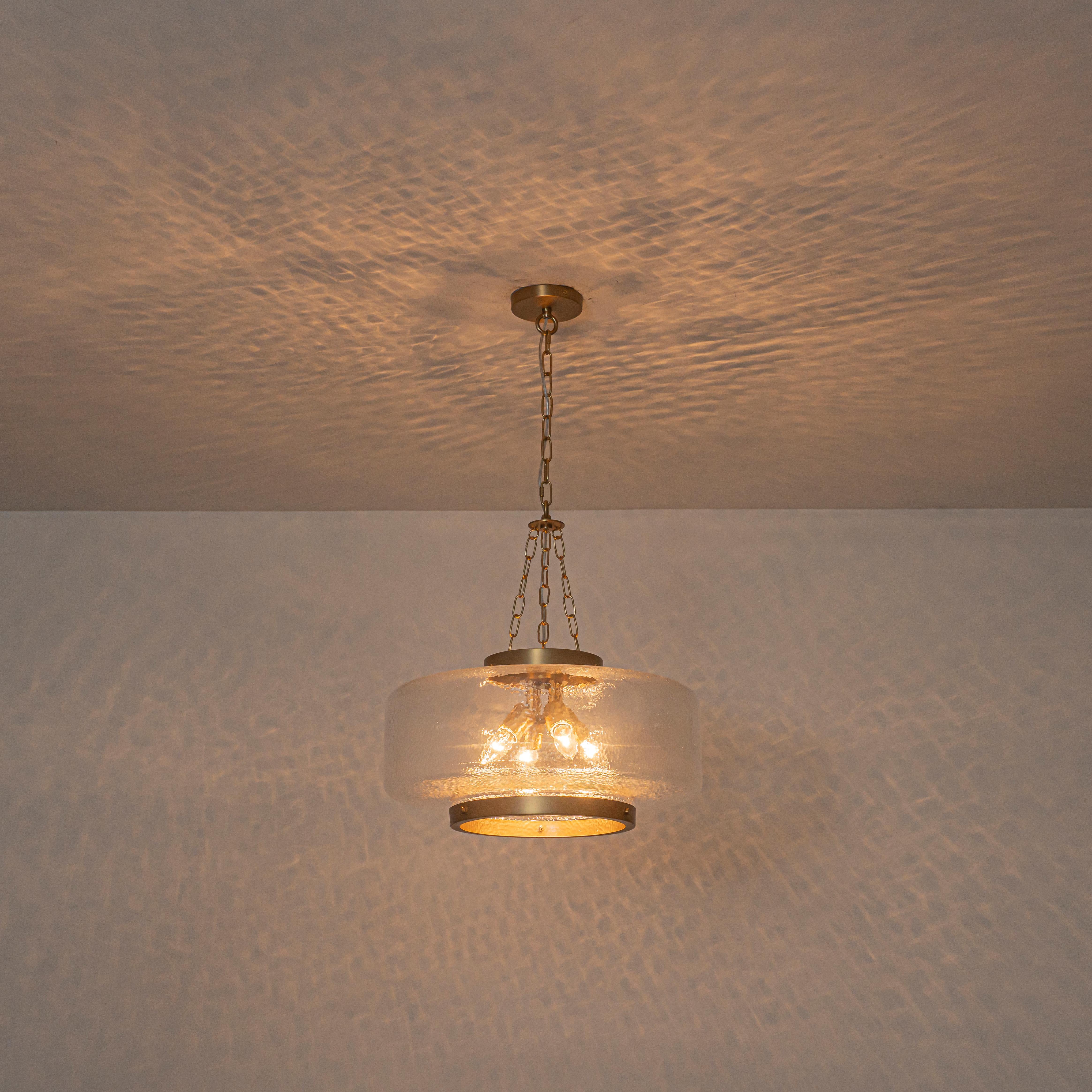 Glowlings 4-Light Modern 20"Wide Brass Glass Drum Chandelier,Textured Clear Water Ripple Glass Pendant Light