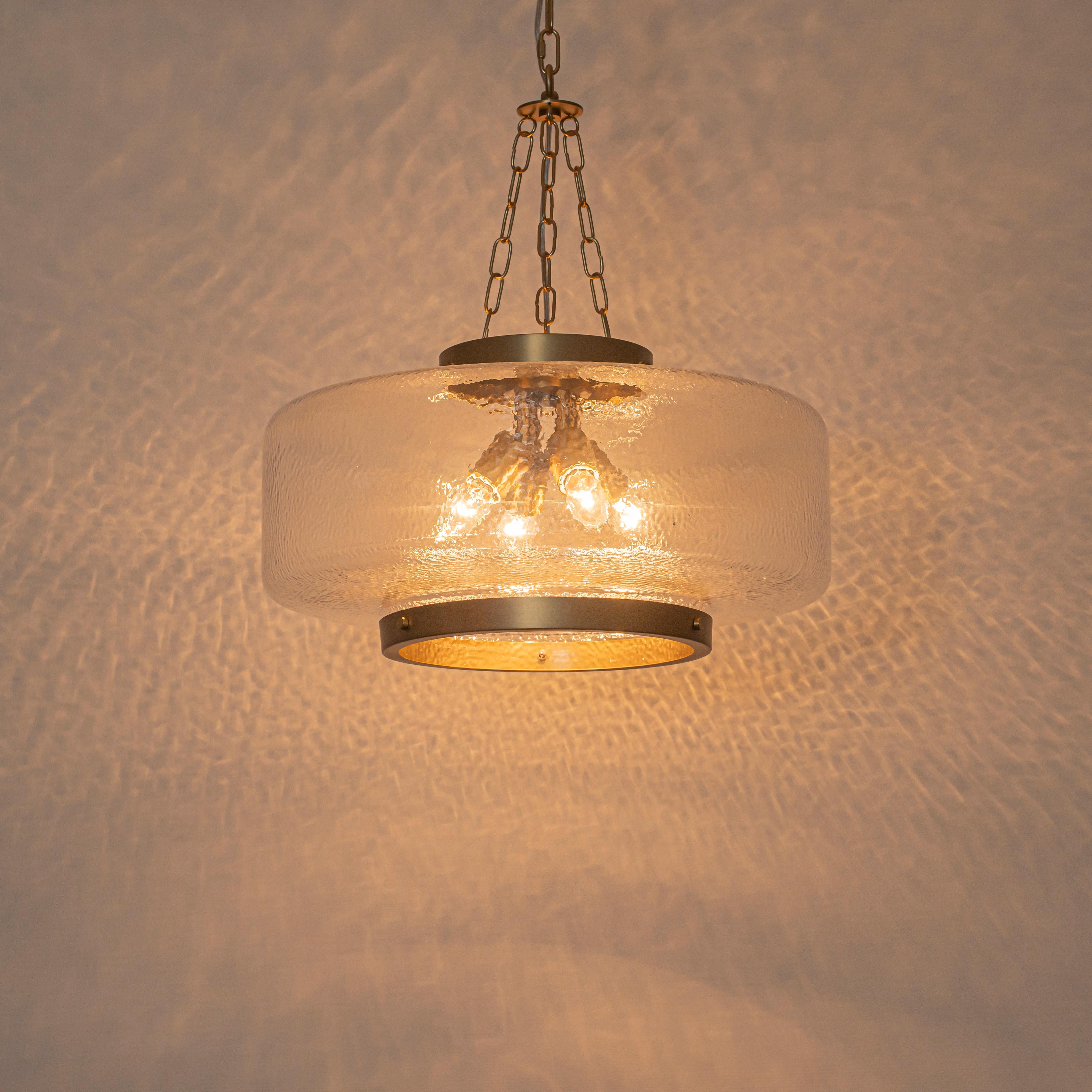 Glowlings 4-Light Modern 20"Wide Brass Glass Drum Chandelier,Textured Clear Water Ripple Glass Pendant Light