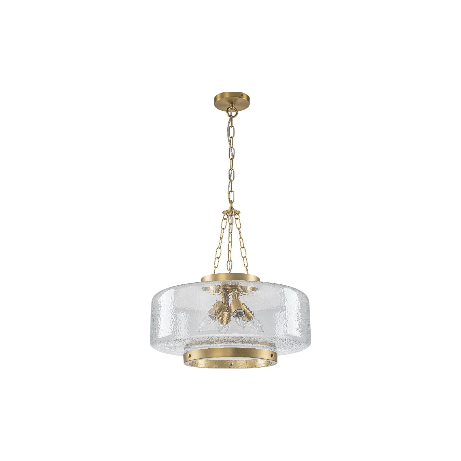 Glowlings 4-Light Modern 20"Wide Brass Glass Drum Chandelier,Textured Clear Water Ripple Glass Pendant Light