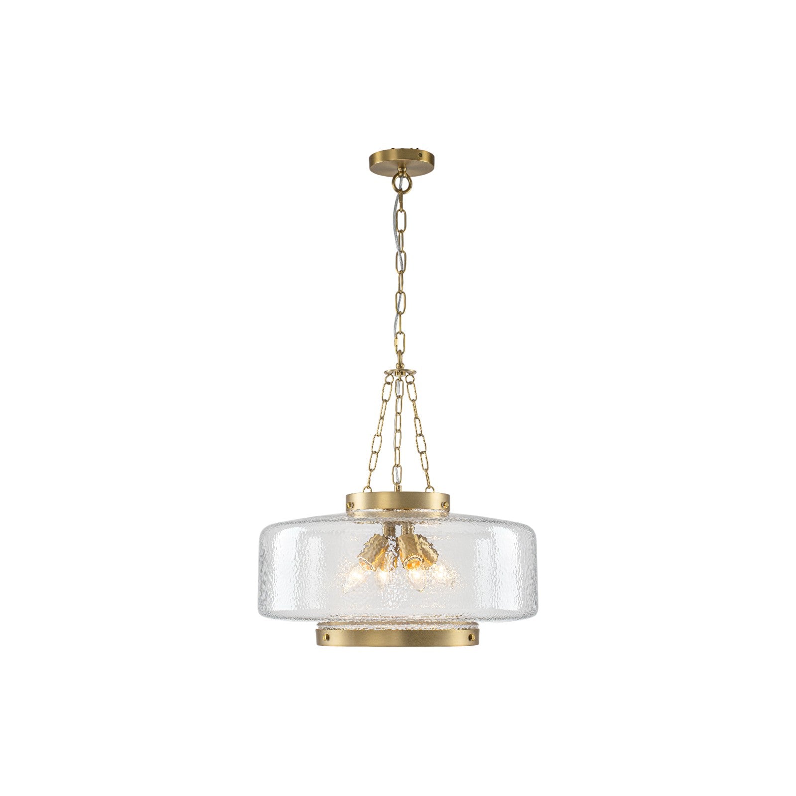 Glowlings 4-Light Modern 20"Wide Brass Glass Drum Chandelier,Textured Clear Water Ripple Glass Pendant Light