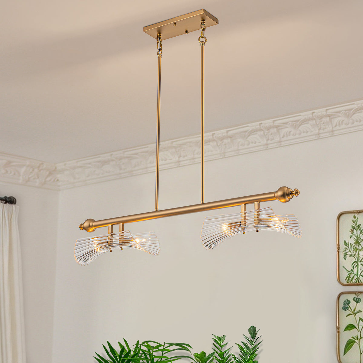 Glowlings 4-Light Modern 41"Wide Large Brushed Brass Ribbed Arched Glass Linear Chandelier Island Light