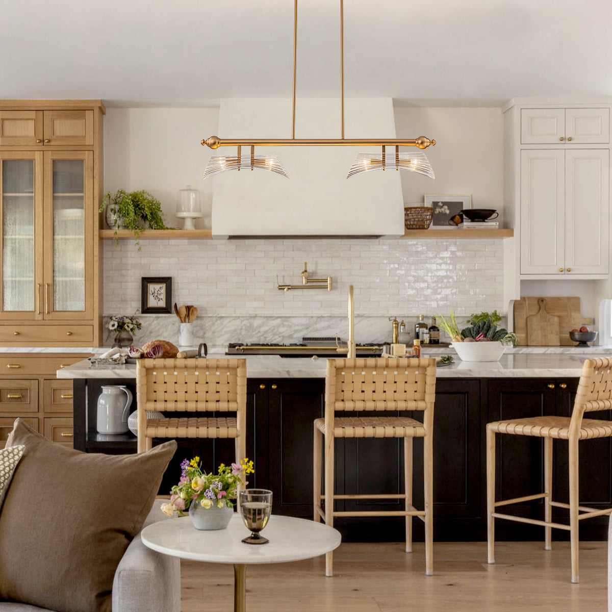 Glowlings 4-Light Modern 41"Wide Large Brushed Brass Ribbed Arched Glass Linear Chandelier Island Light
