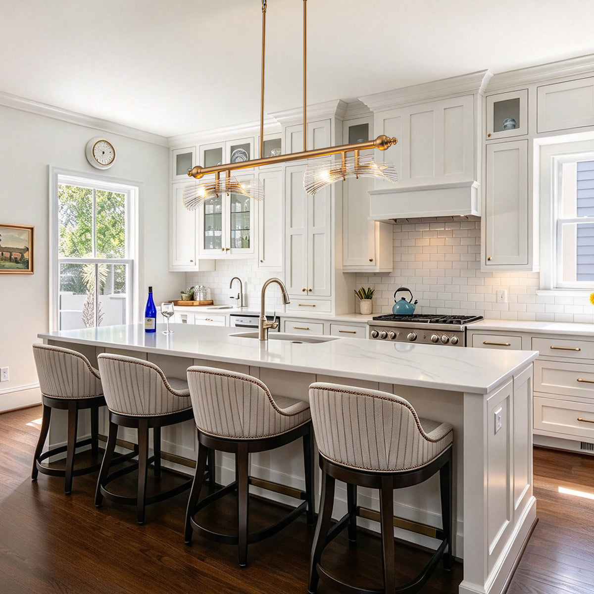 Glowlings 4-Light Modern 41"Wide Large Brushed Brass Ribbed Arched Glass Linear Chandelier Island Light