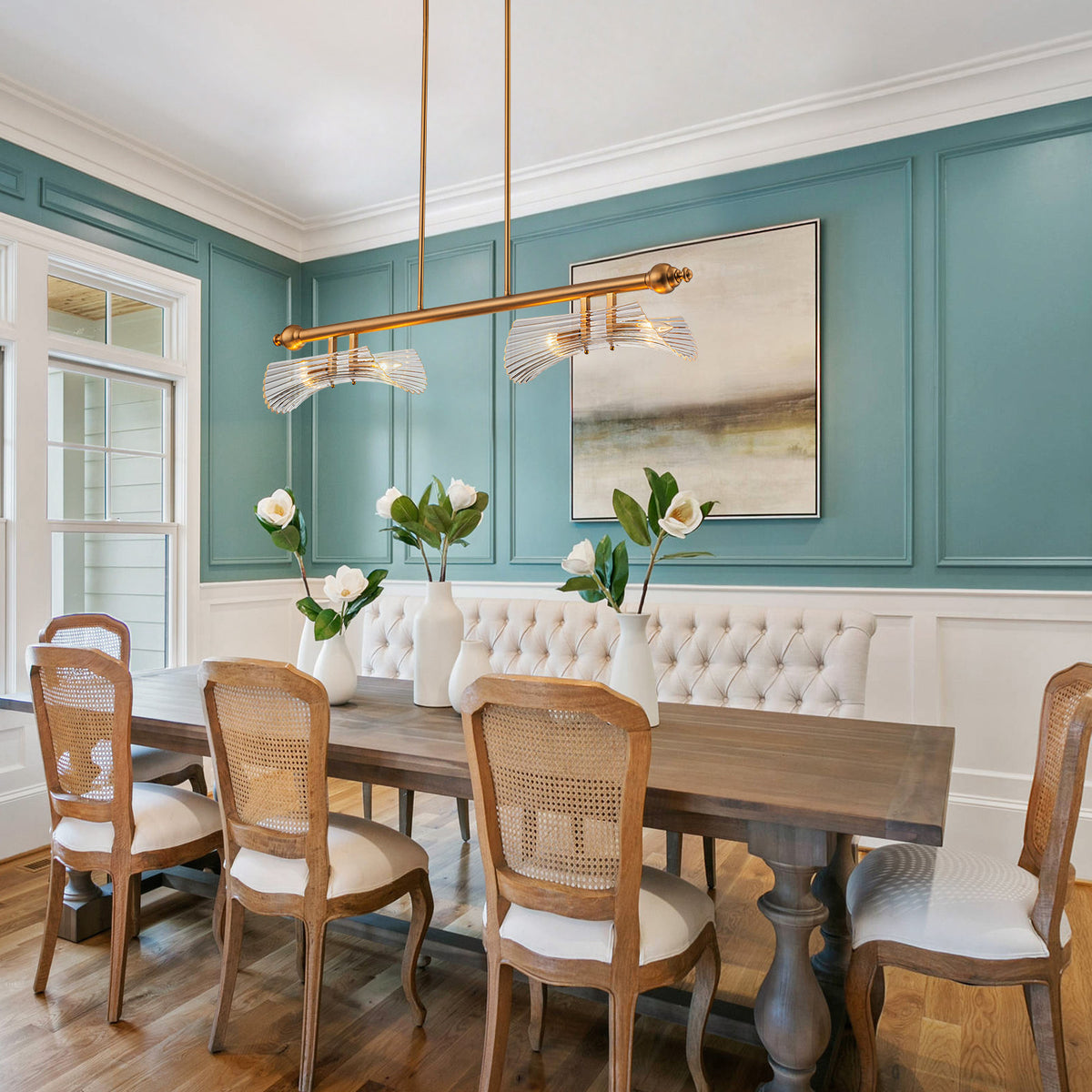 Glowlings 4-Light Modern 41"Wide Large Brushed Brass Ribbed Arched Glass Linear Chandelier Island Light