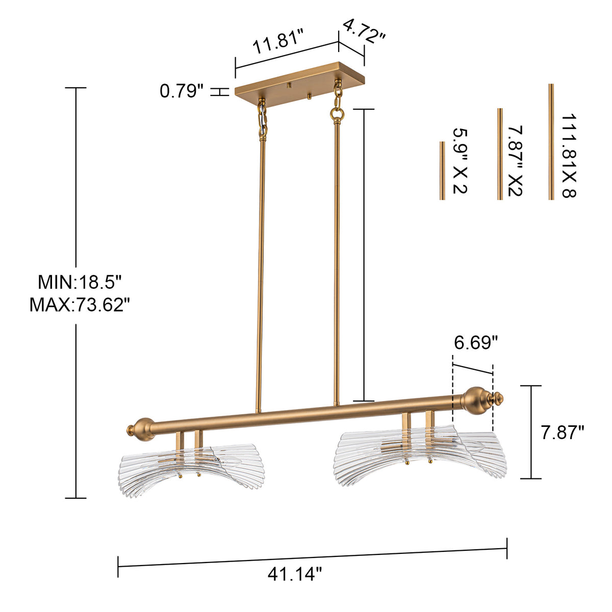 Glowlings 4-Light Modern 41"Wide Large Brushed Brass Ribbed Arched Glass Linear Chandelier Island Light