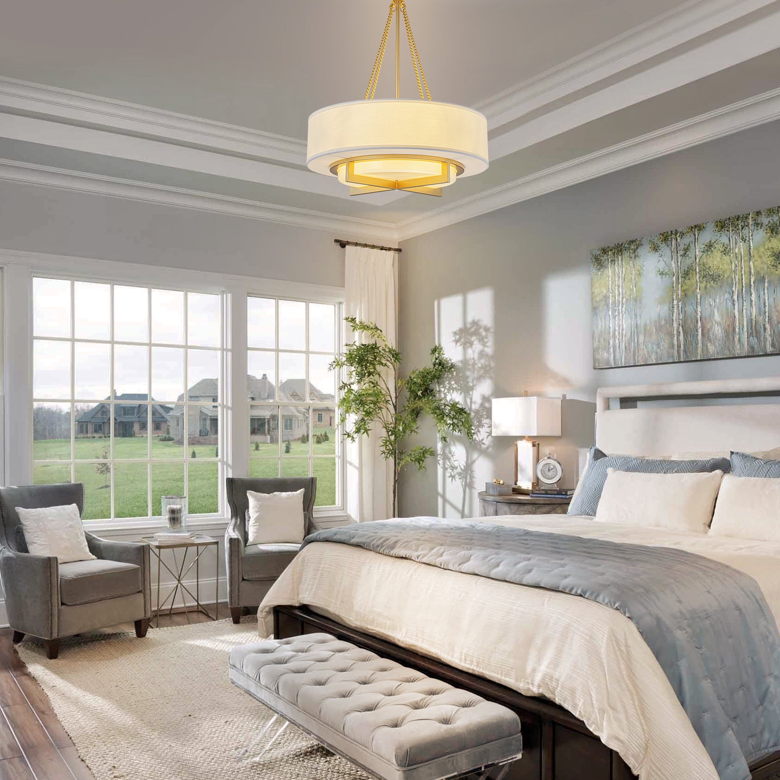 Glowlings 4-Light Modern 24"Wide Brushed Gold Drum Chandelier with Off-White Linen Shade & Opal Glass