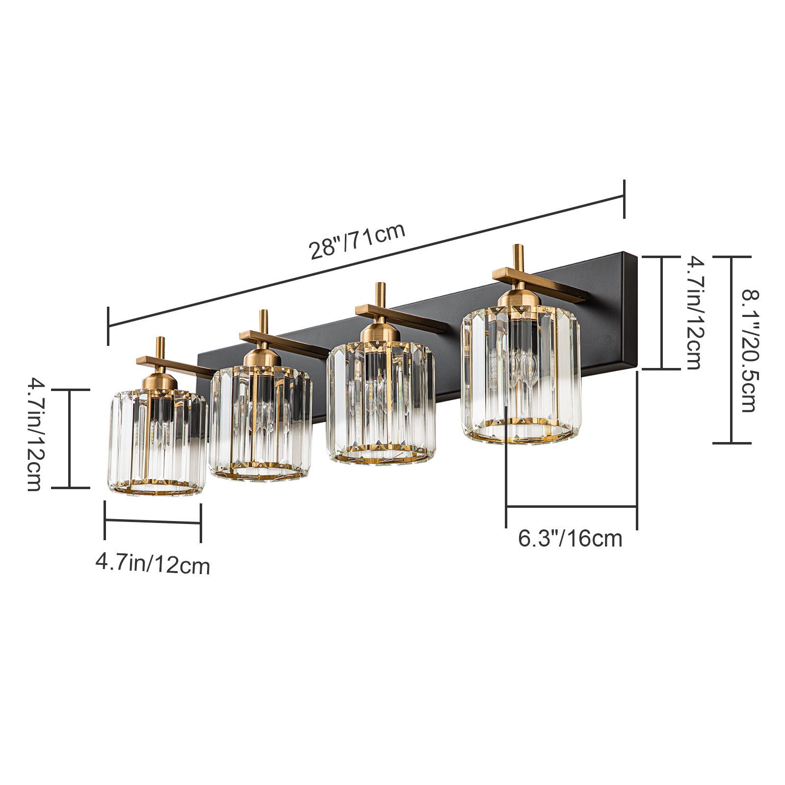 Glowlings 4-Licht 28'' Moderne Kristall Quadratische Eitelkeit Licht Für Badezimmer