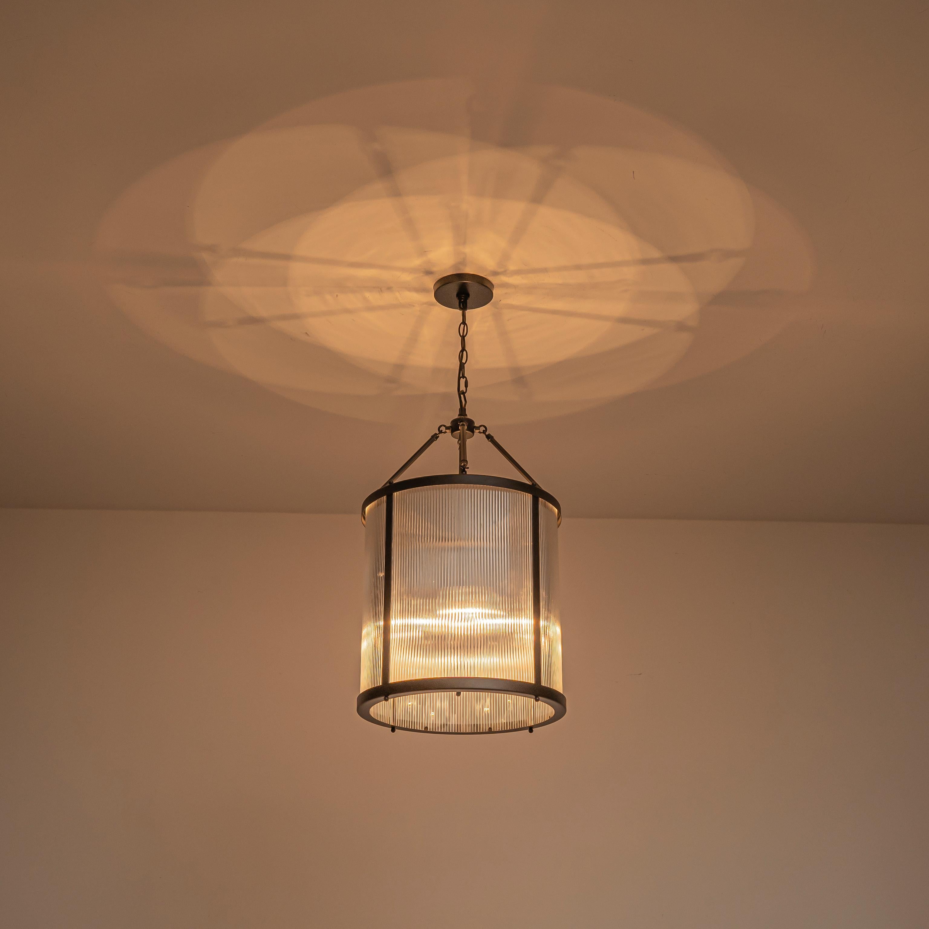 Glowlings 4-Light Modern 16"Wide Cylinder Lantern Clear Ribbed Glass Chandelier