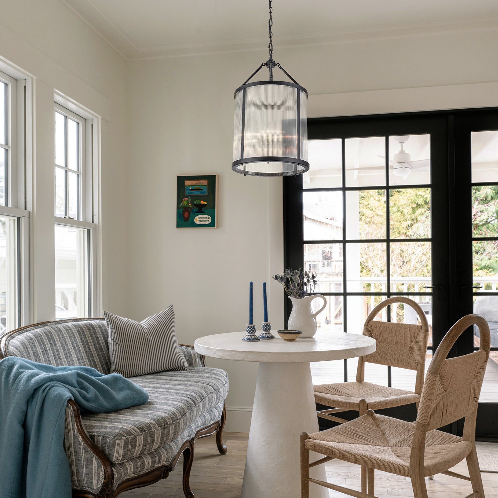 Glowlings 4-Light Modern 16"Wide Cylinder Lantern Clear Ribbed Glass Chandelier