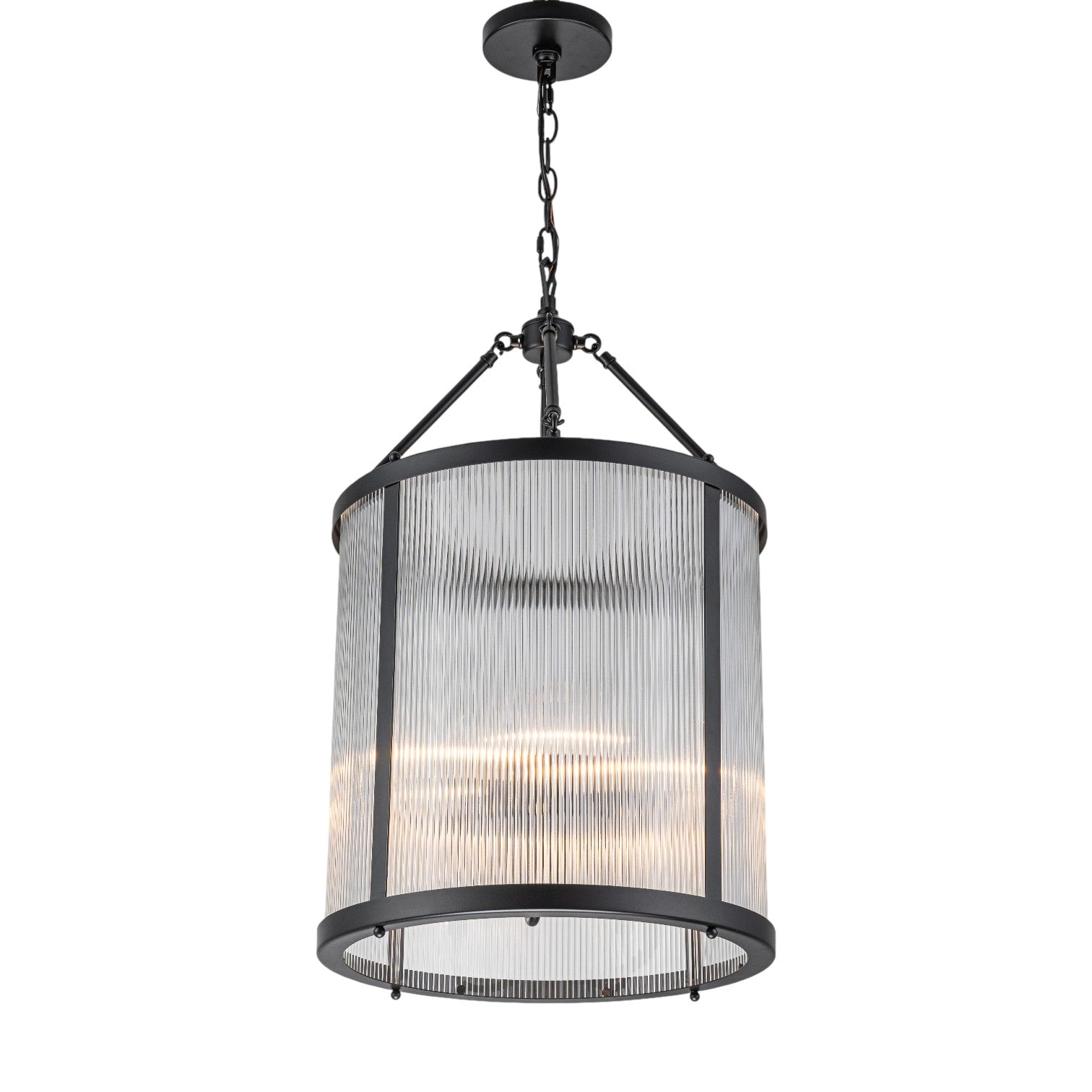 Glowlings 4-Light Modern 16"Wide Cylinder Lantern Clear Ribbed Glass Chandelier