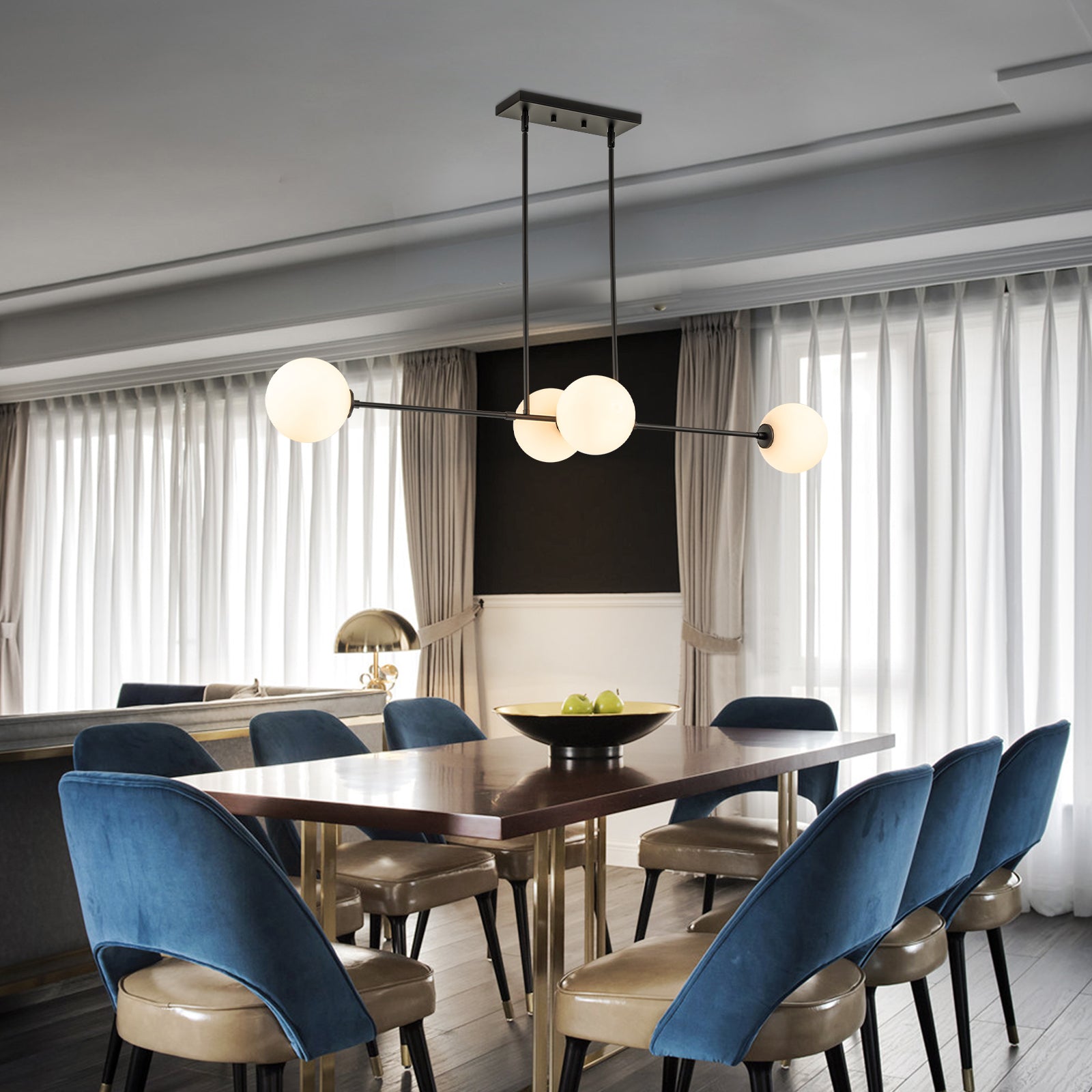 Glowlings 4-flammige, moderne, glamouröse Kugel-Pendelleuchte aus Opalglas mit schwarzem Finish, lineare Pendelleuchte für Esszimmer, Kücheninsel