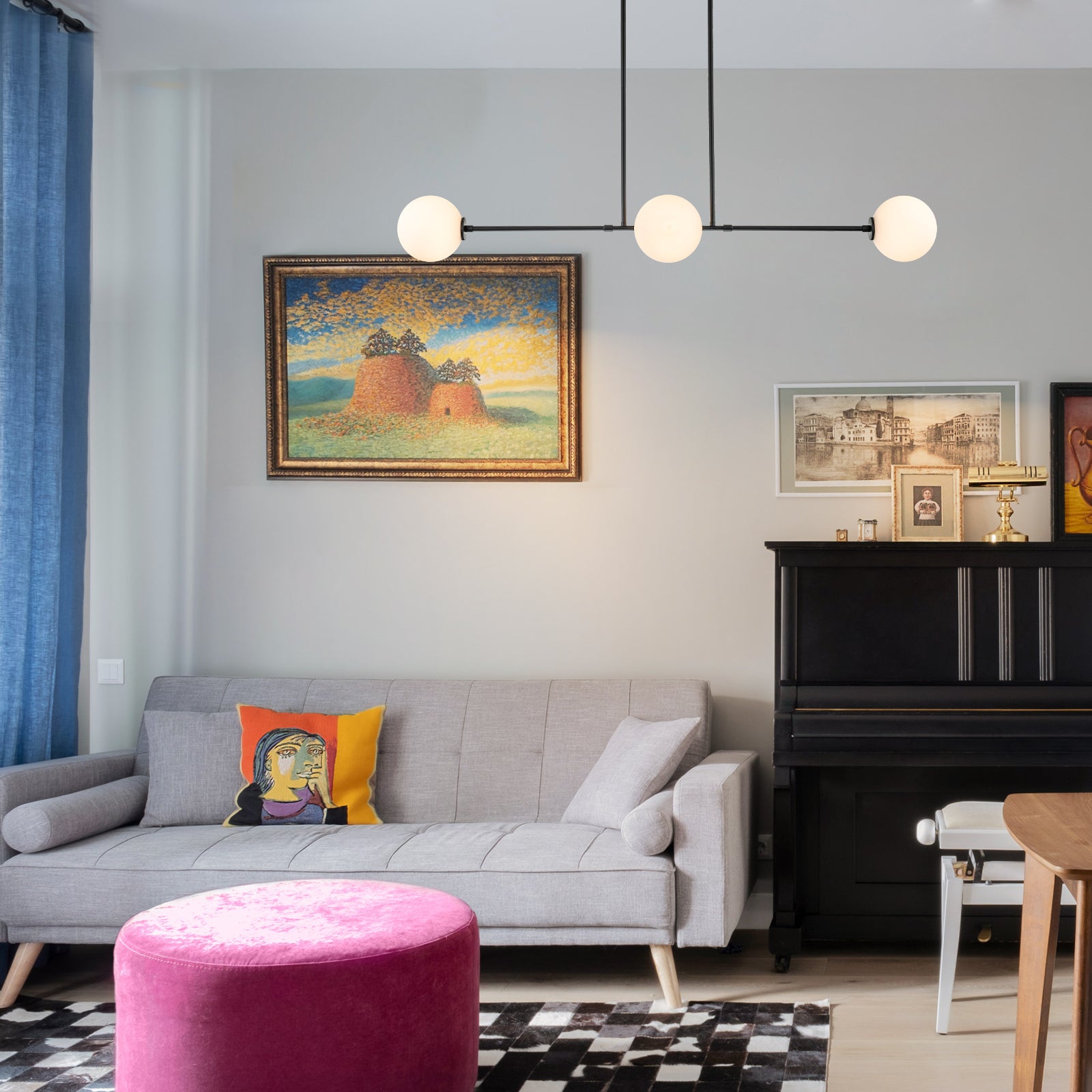 Glowlings 4-flammige, moderne, glamouröse Kugel-Pendelleuchte aus Opalglas mit schwarzem Finish, lineare Pendelleuchte für Esszimmer, Kücheninsel