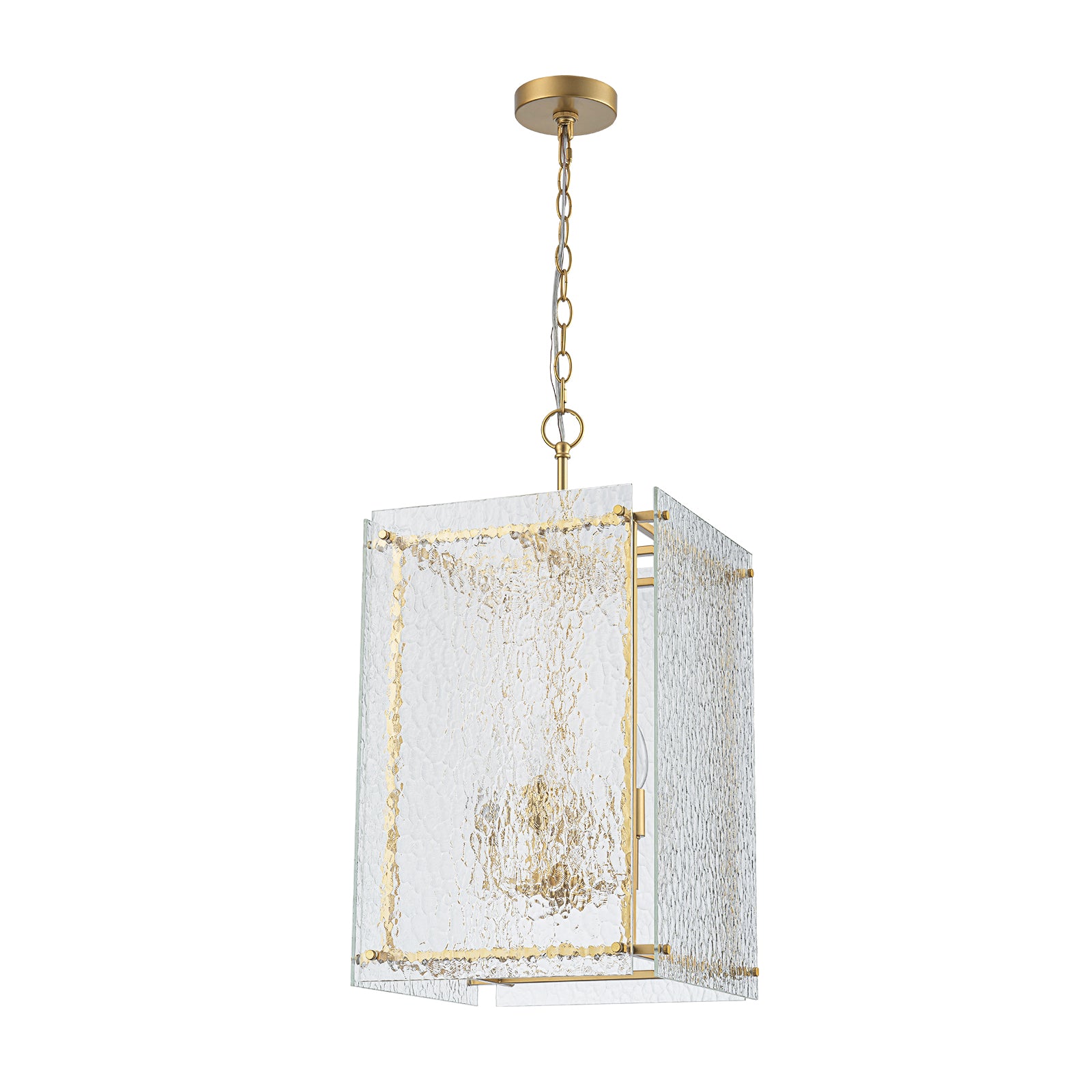 Glowlings 4-flammige moderne goldene quadratische Struktur-Hammerglas-Laterne für die Küche