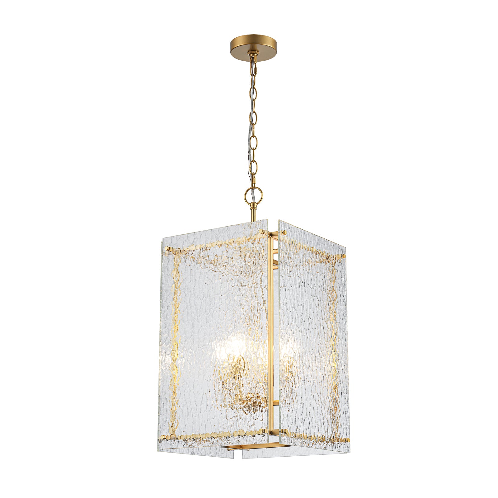 Glowlings 4-flammige moderne goldene quadratische Struktur-Hammerglas-Laterne für die Küche