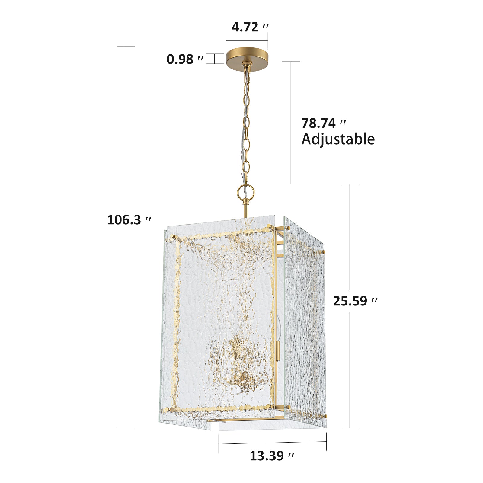 Glowlings 4-flammige moderne goldene quadratische Struktur-Hammerglas-Laterne für die Küche